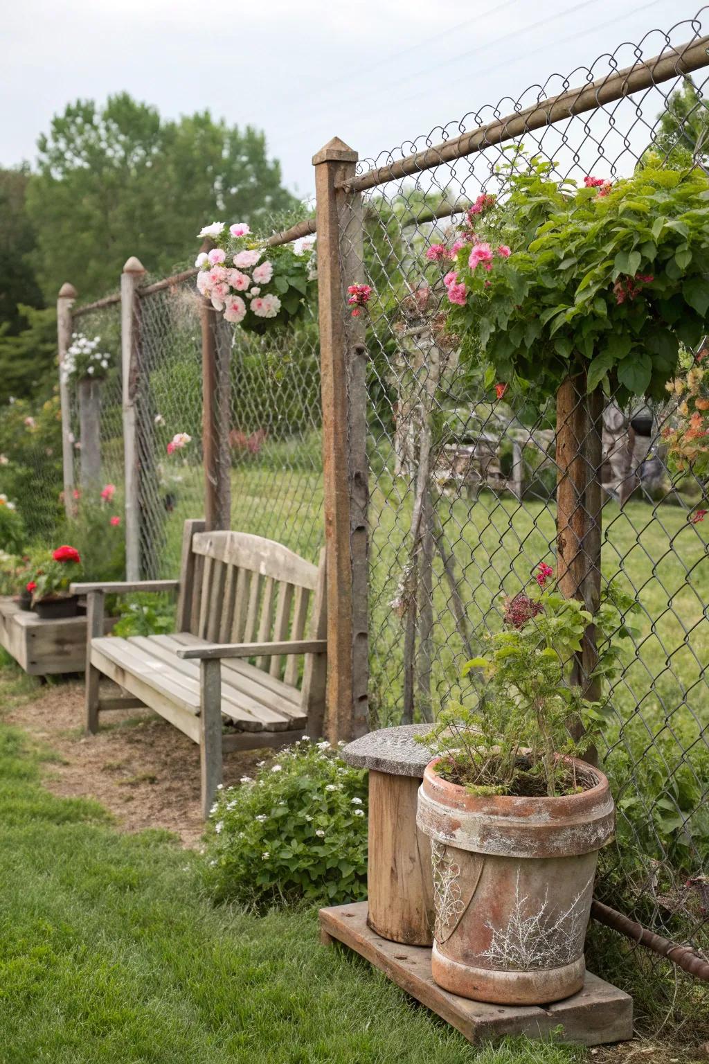 Refurbished lumber and webbing linkage for a fence with character and conscience.