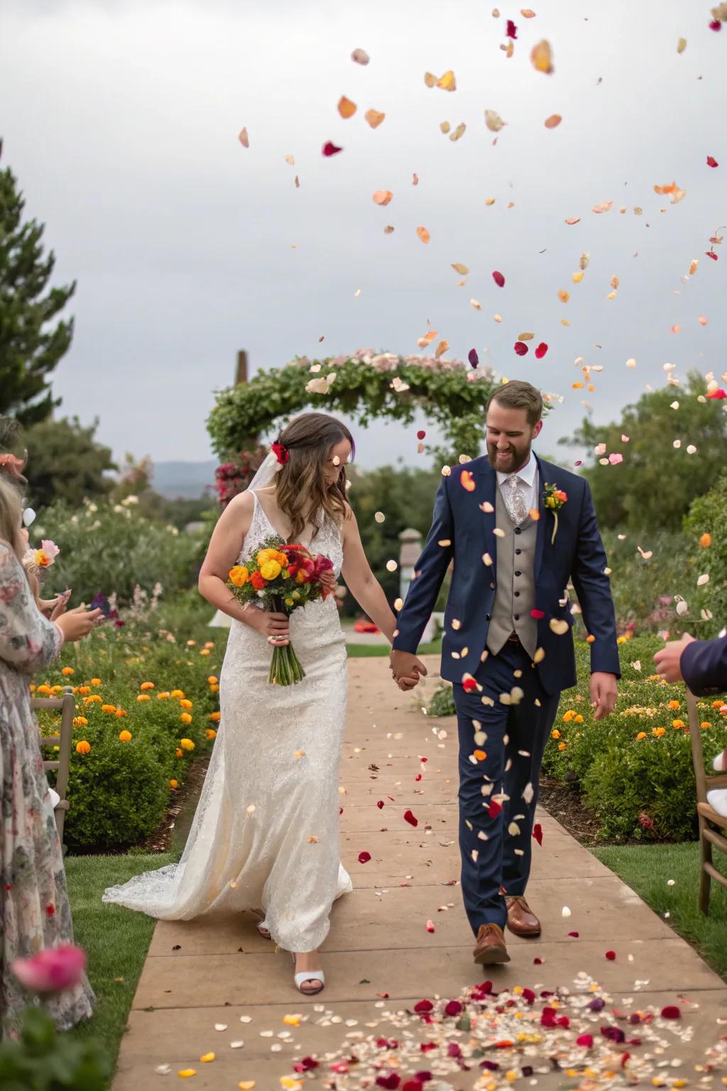 A sentimental wedding exit with eco-friendly toss consisting of dried flower petals.