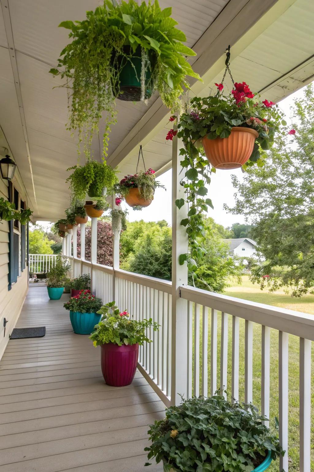 Suspended flora crafts a lush, upright garden on your porch.