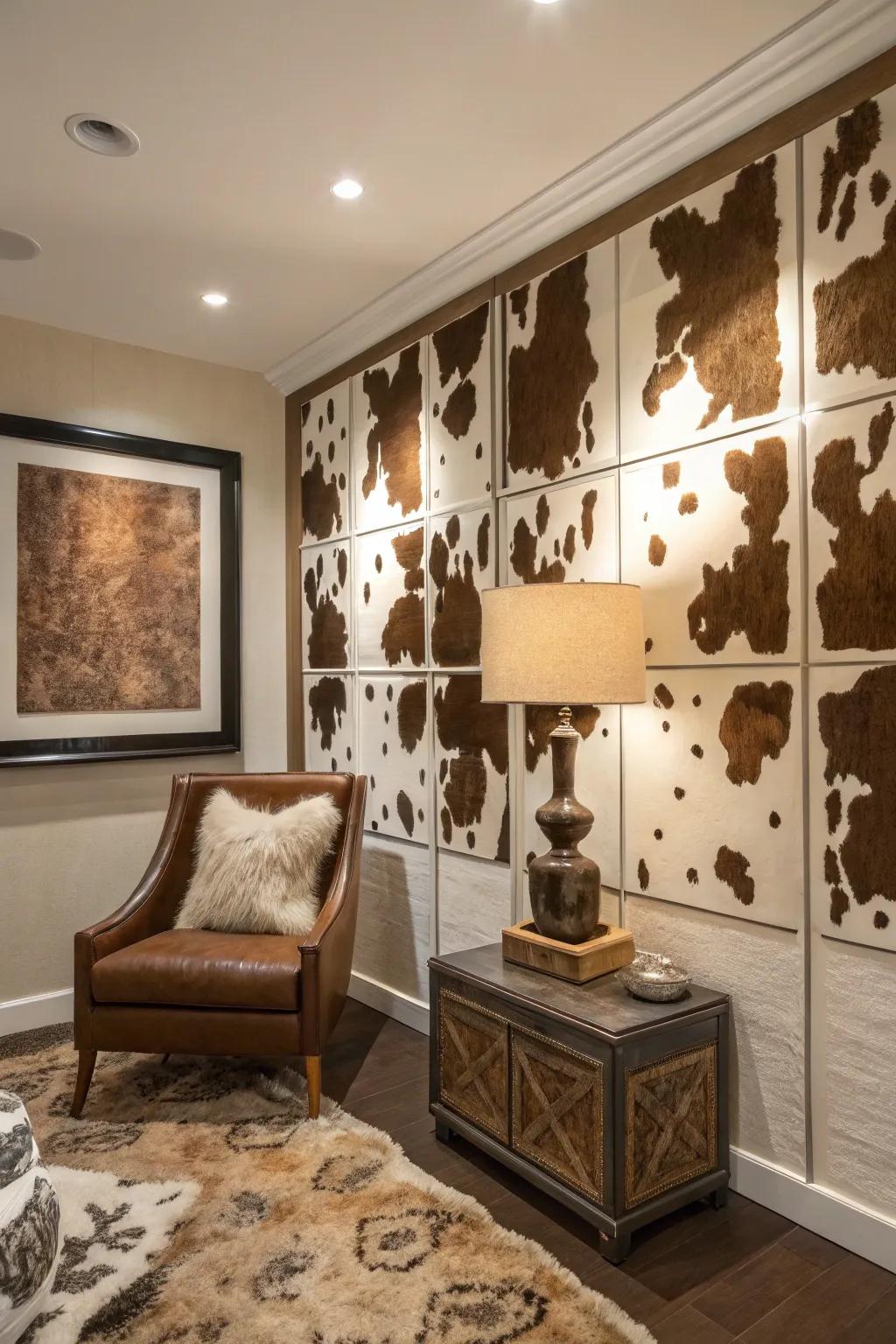 A room featuring realistic alternative animal hide wall decor.