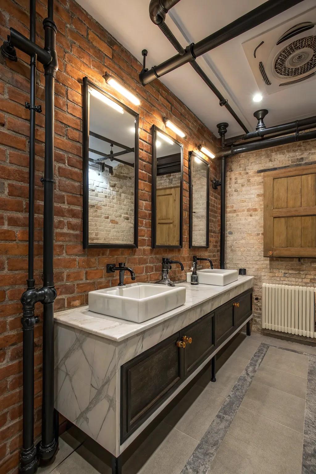 A bathroom blending industrial elements with elegant touches for a unique look.