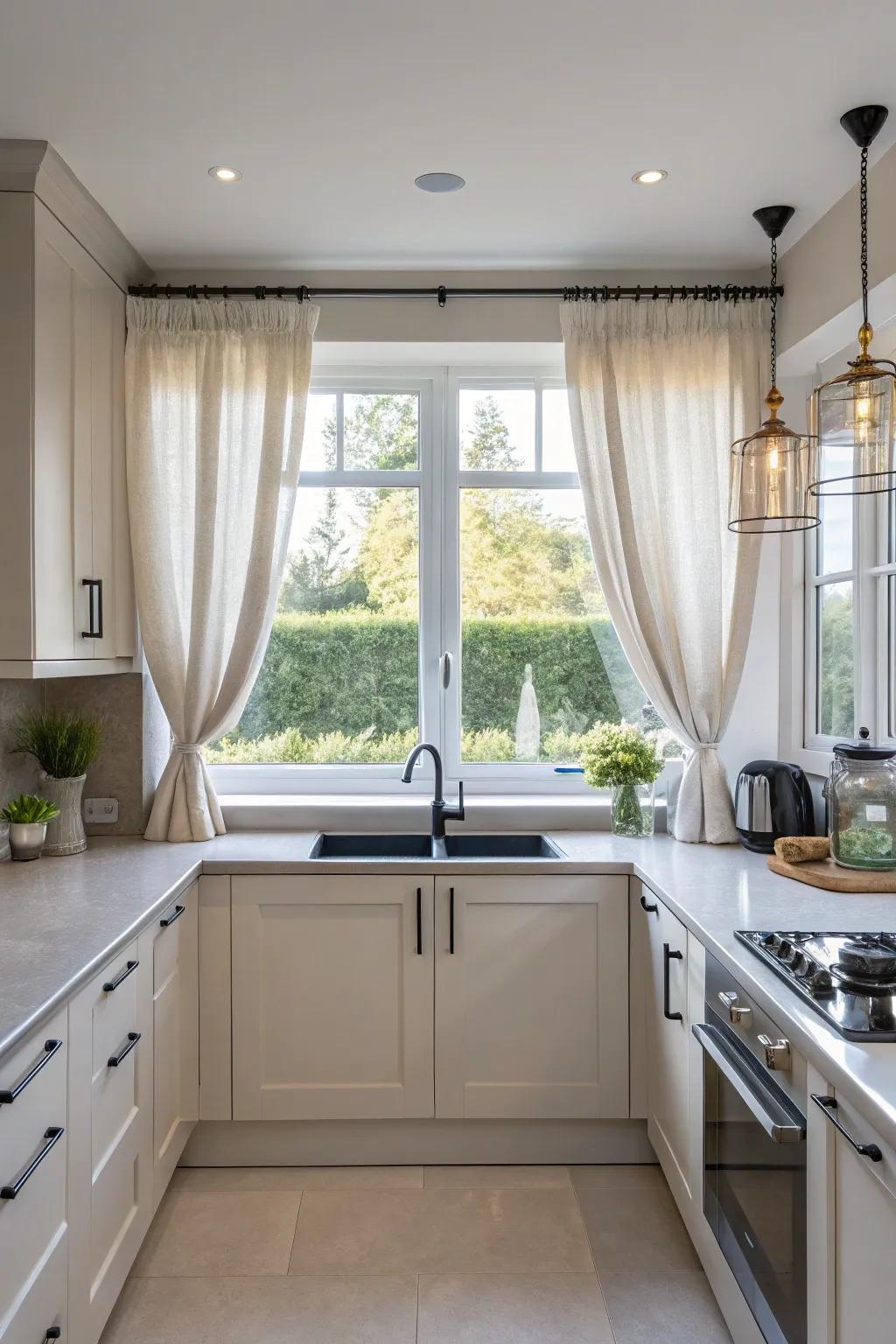 Short drapes frame windows for a modern aesthetic.