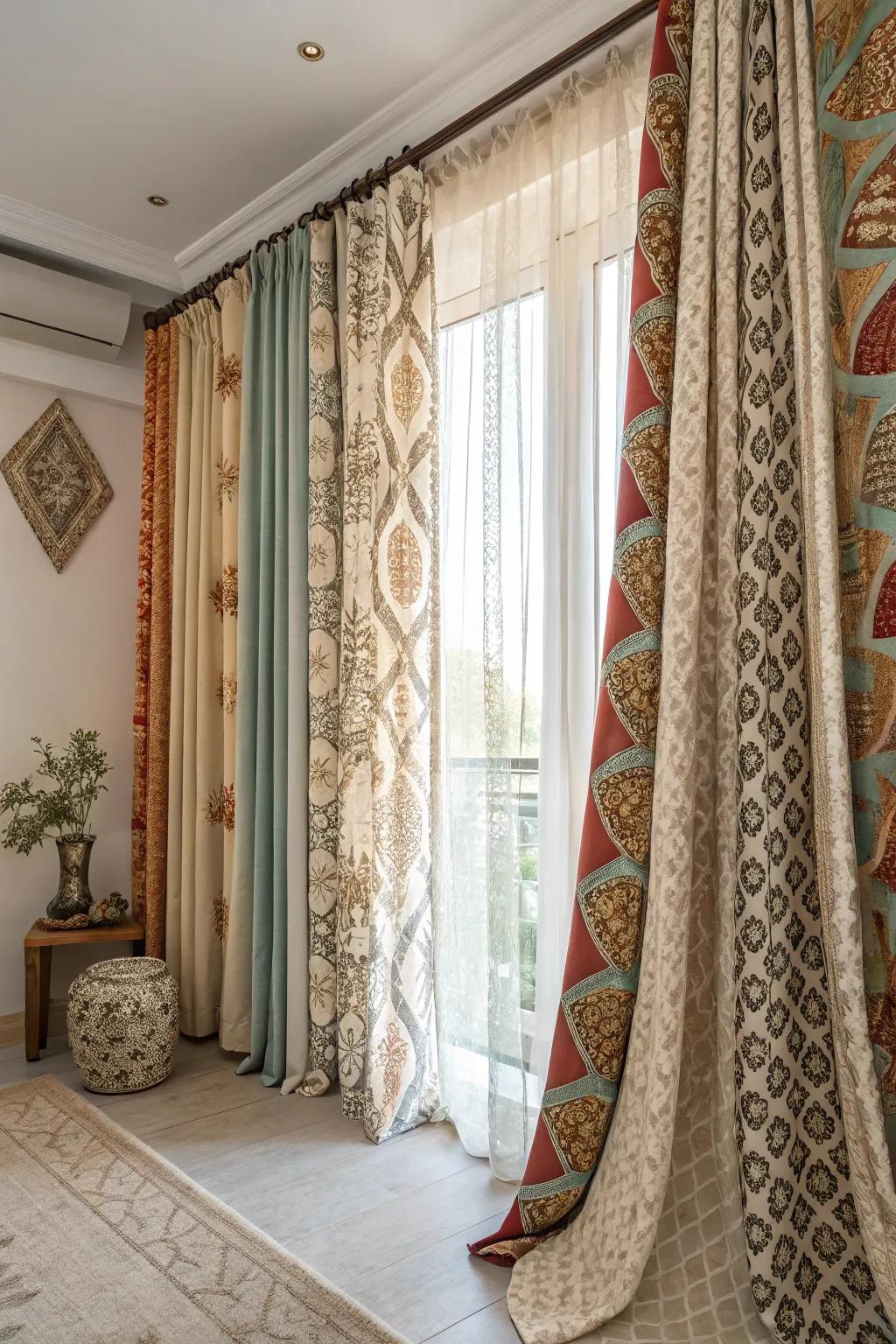Eclectic assortment of drapery fabrics for a distinctive flair.