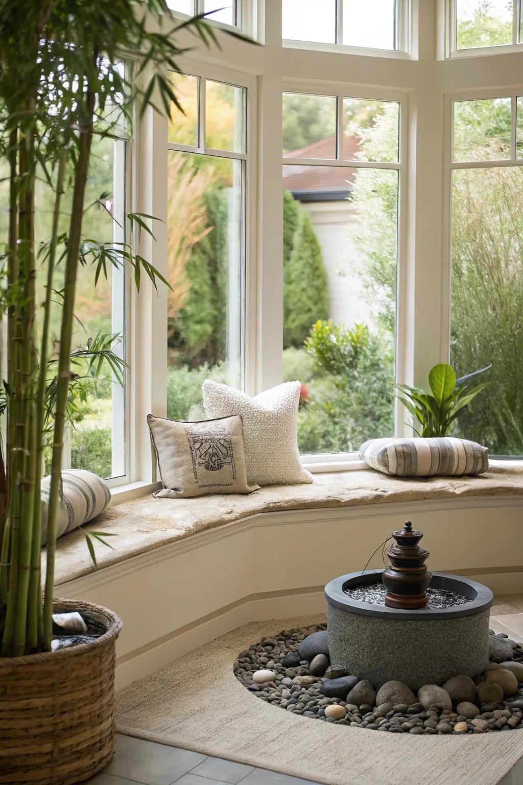 A serene Zen reflection spot in an arched bay window.
