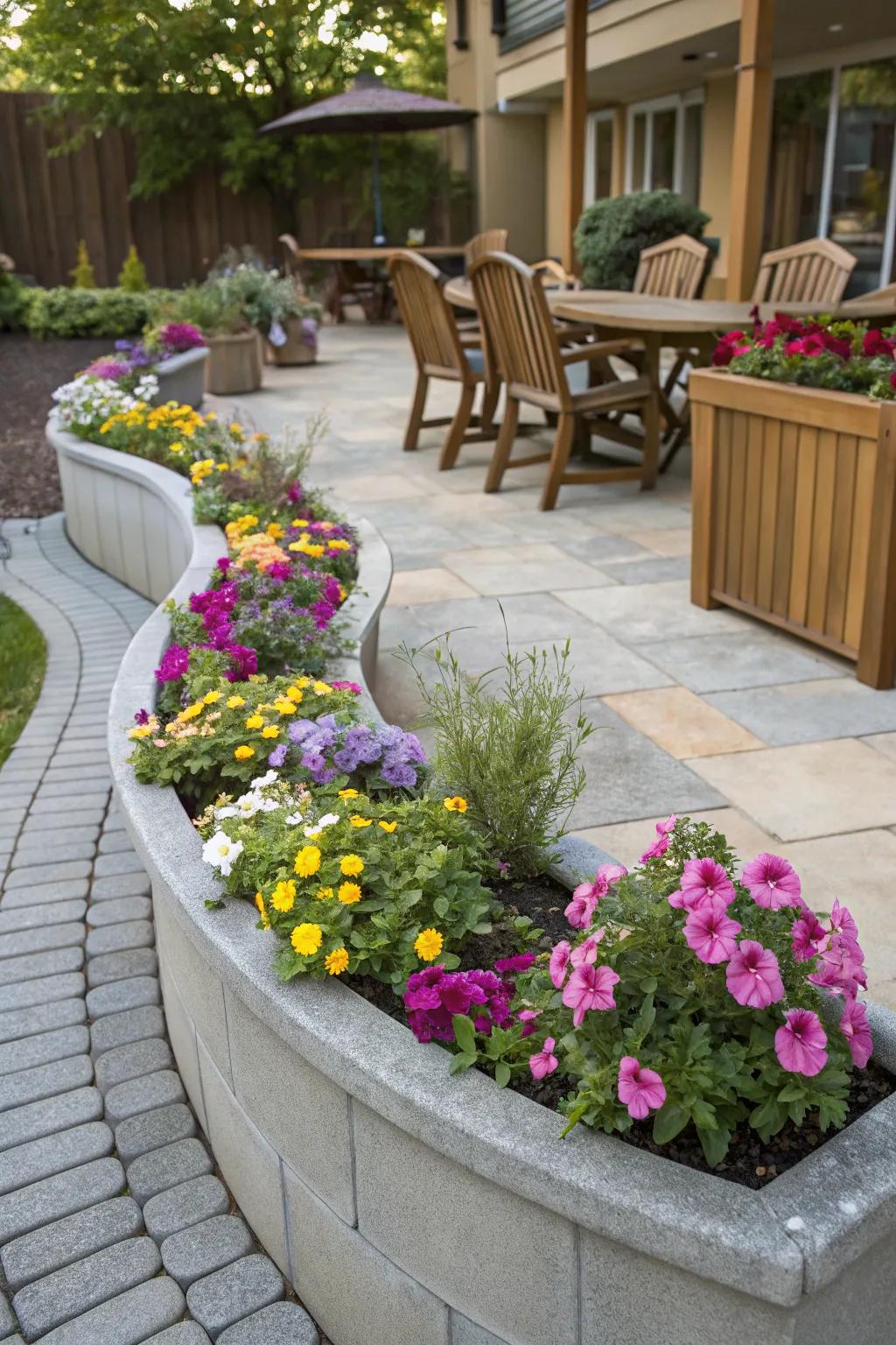 Colorful curved planters adding beauty and height to the patio.