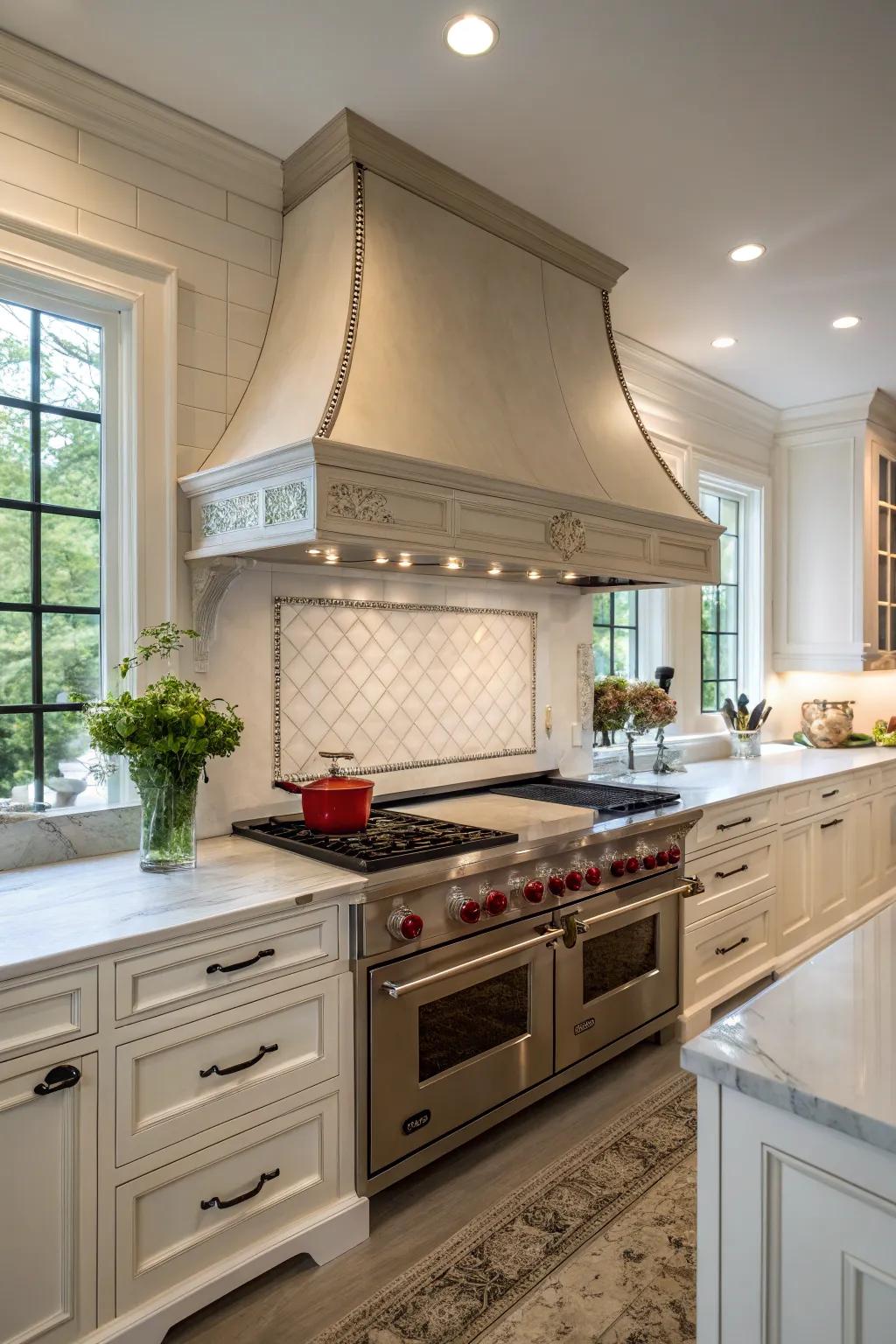 Oversized range hoods create a daring, captivating statement.