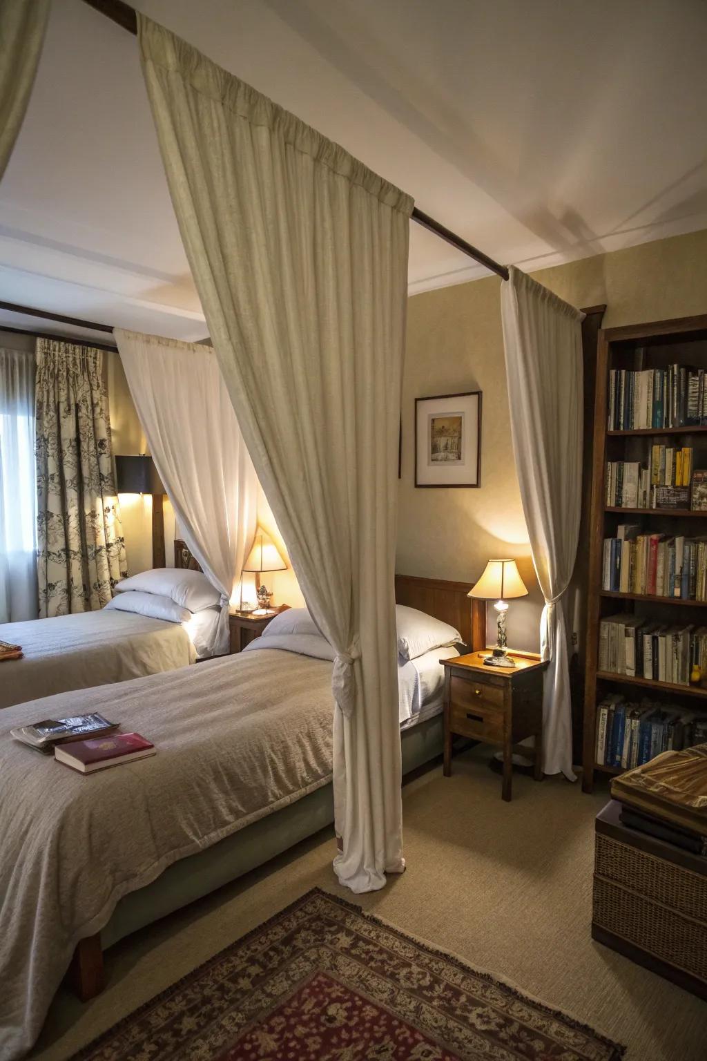 Drapes ensure privacy while preserving a shared space.