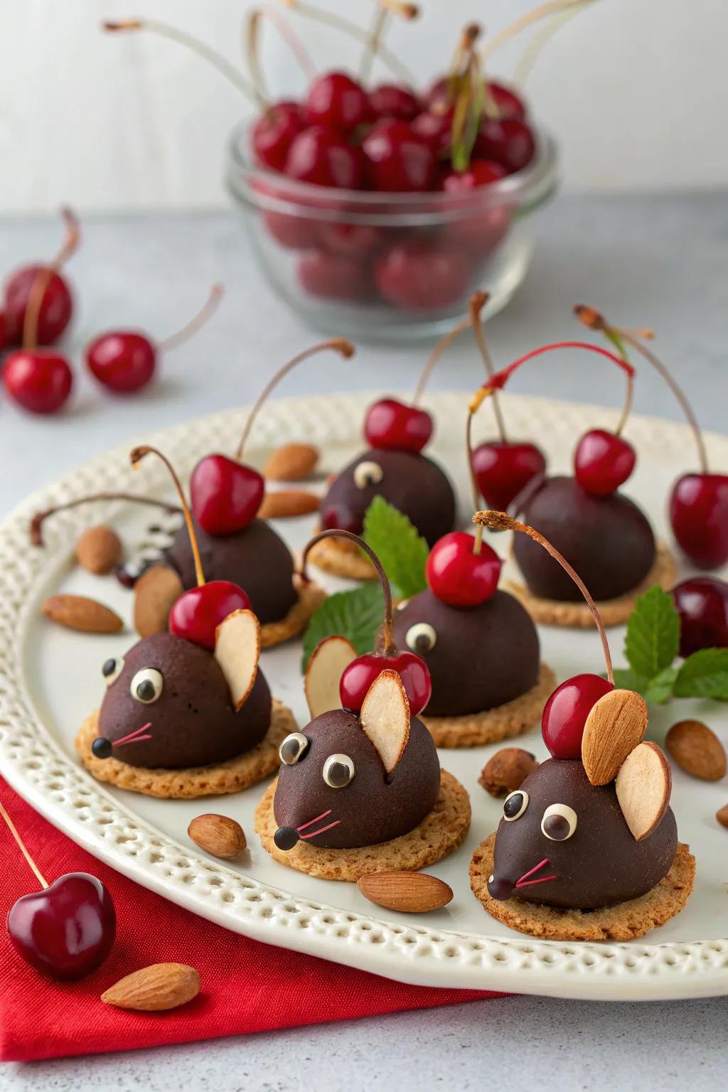 Whimsical cherry mice that are sure to charm your guests.