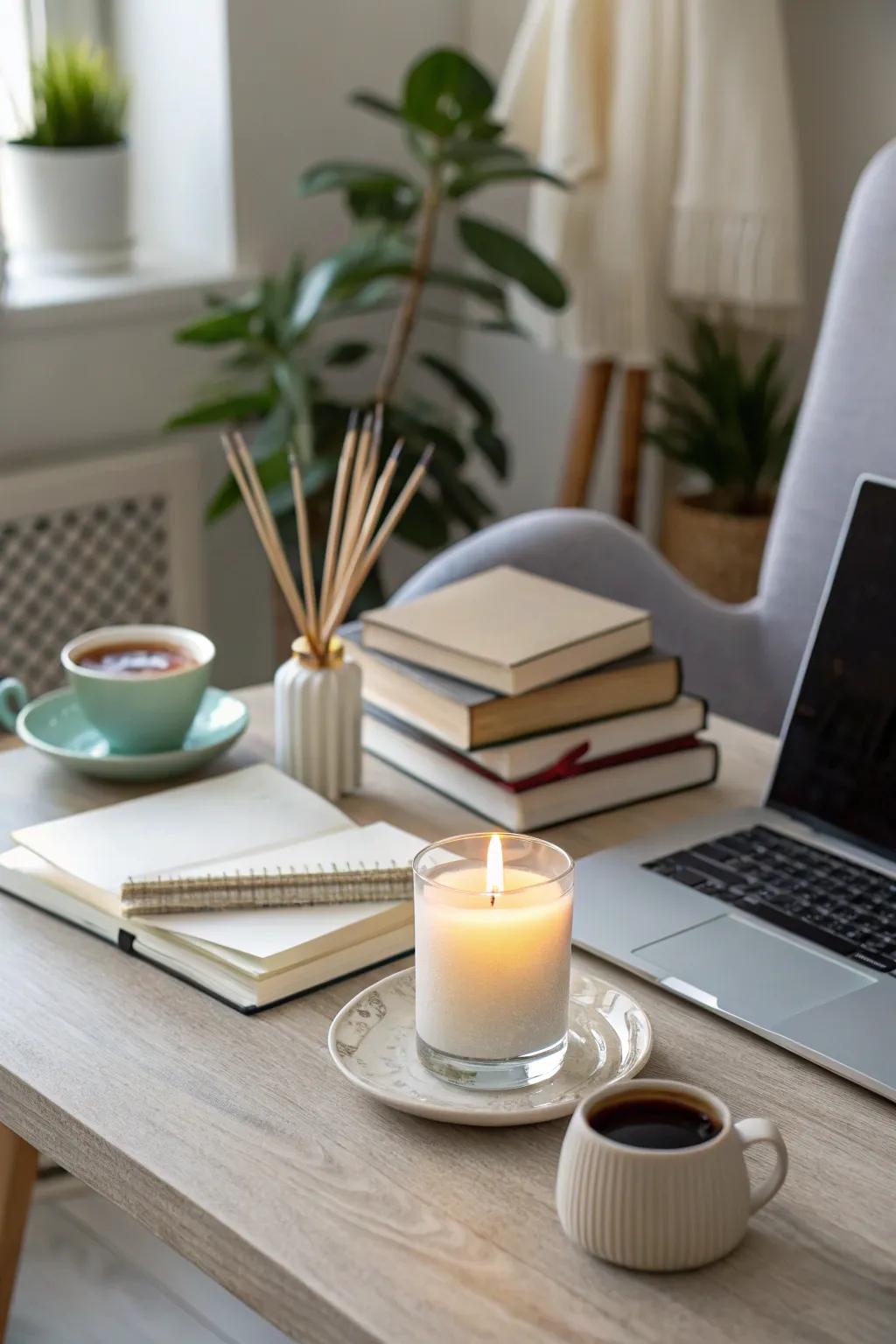 A desk adorned with a scented candle, creating a calming and inviting atmosphere.