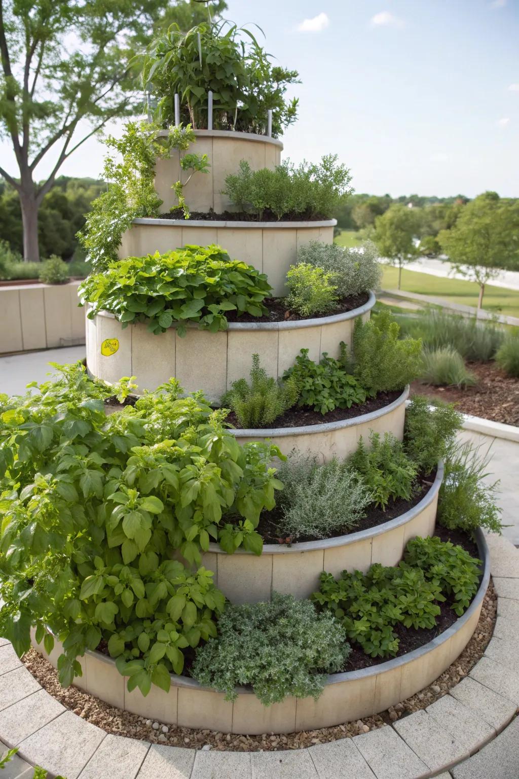 An herb spiral maximizes area and accessibility in your garden.