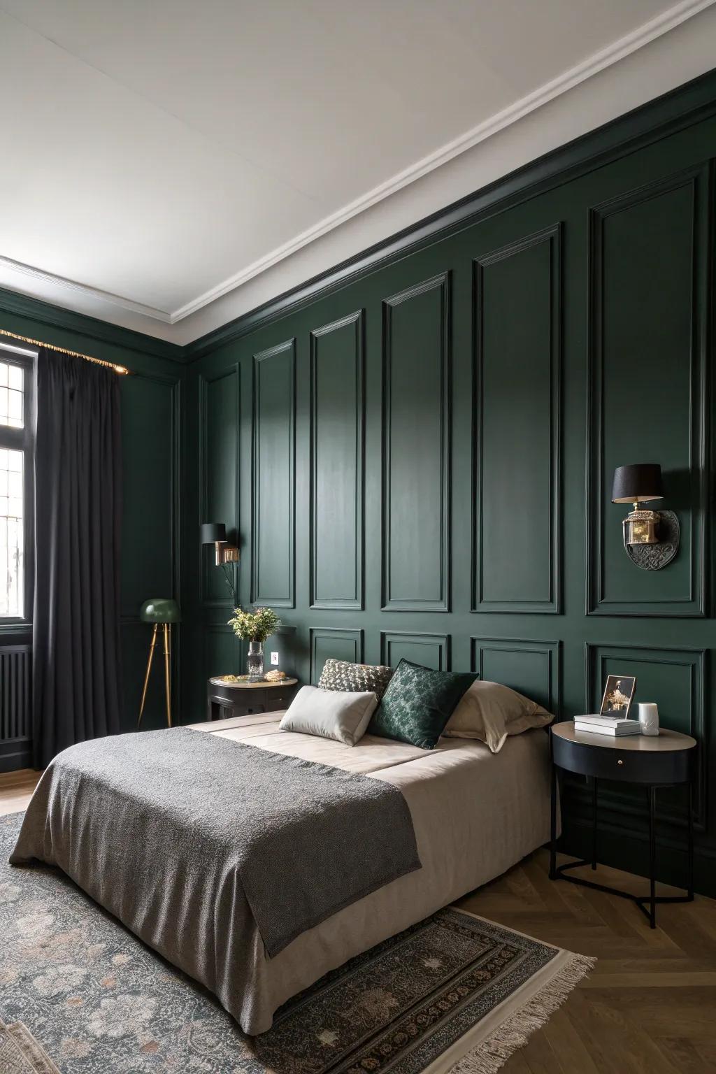 Charcoal wainscoting against deep green walls exudes classic elegance.