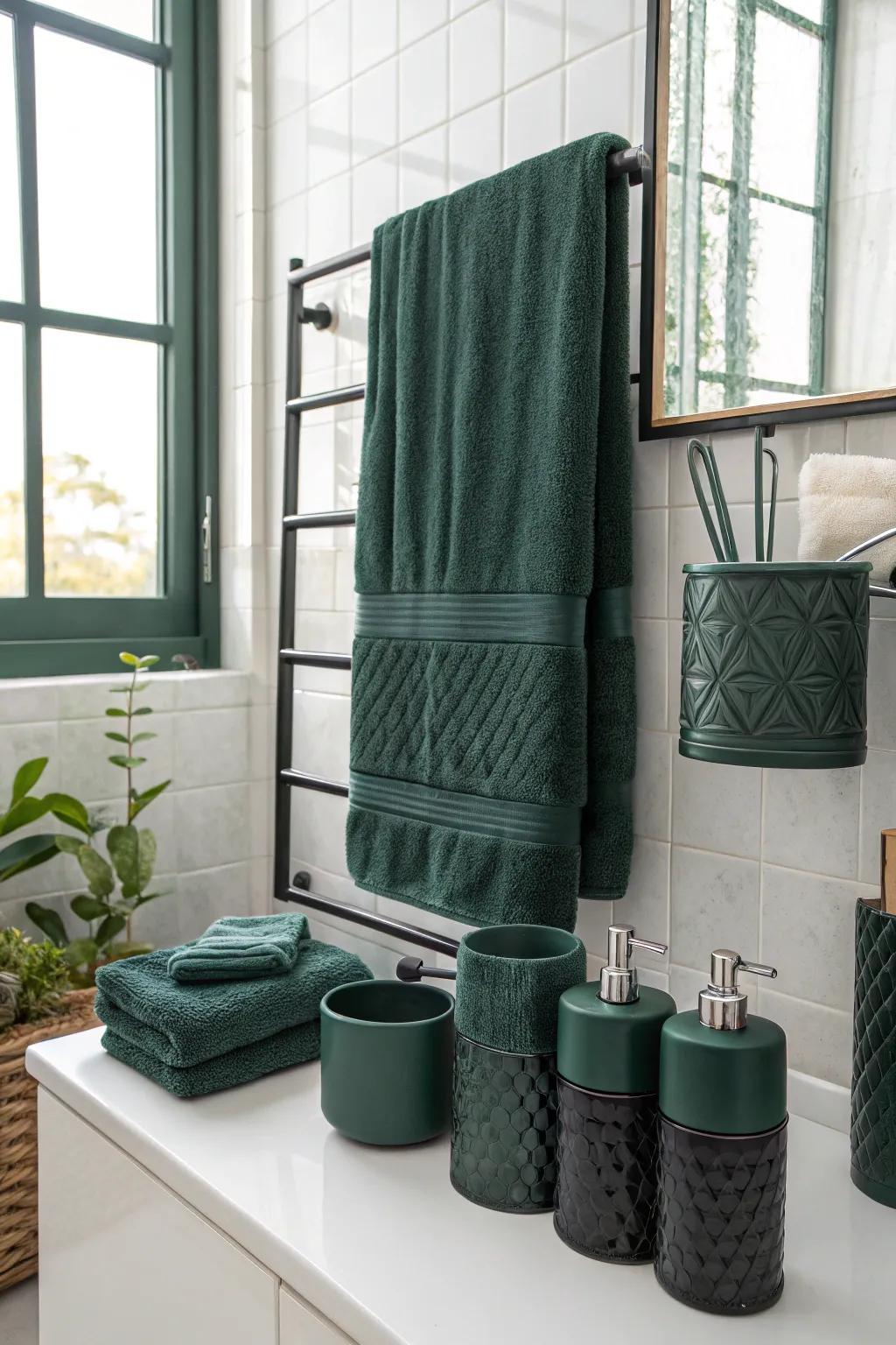 Dark green cloths add warmth and depth.
