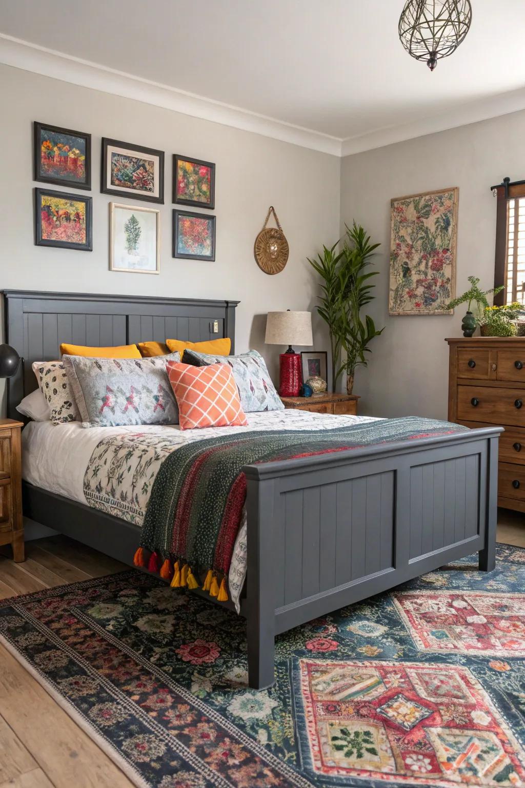 A mixed assortment of aesthetics conveys persona to a grey-themed boudoir.