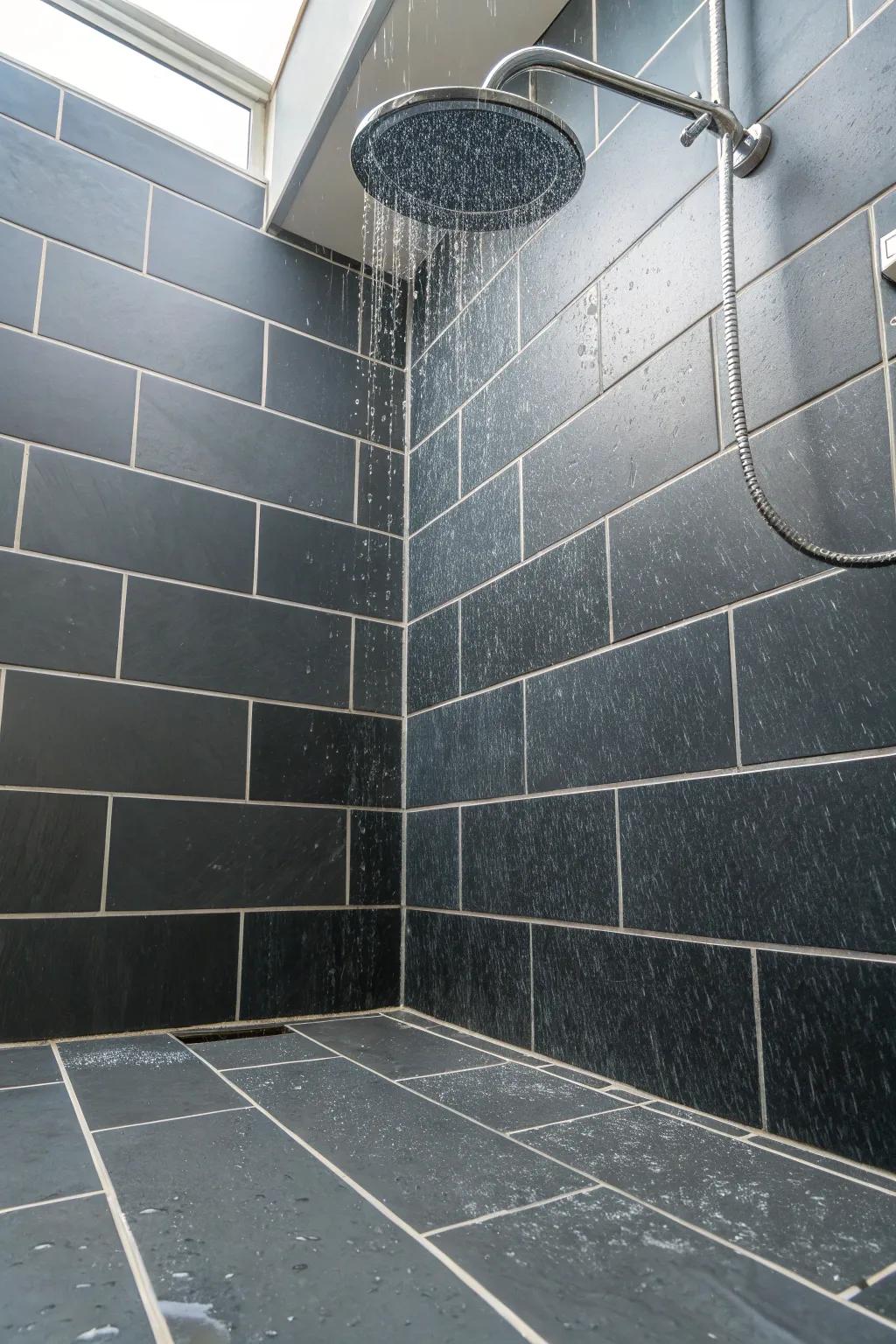 Continuity between floor and wall tiles enhances the unity of the space.