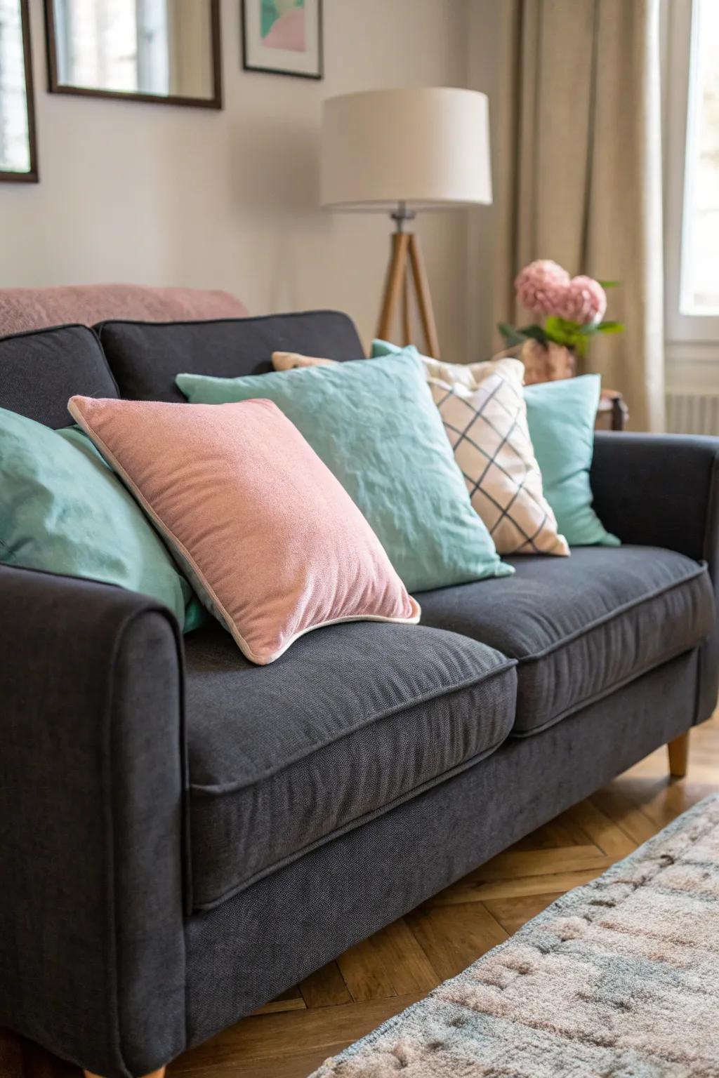 Pastel hues add a tender and calming nuance to a grey loveseat arrangement.