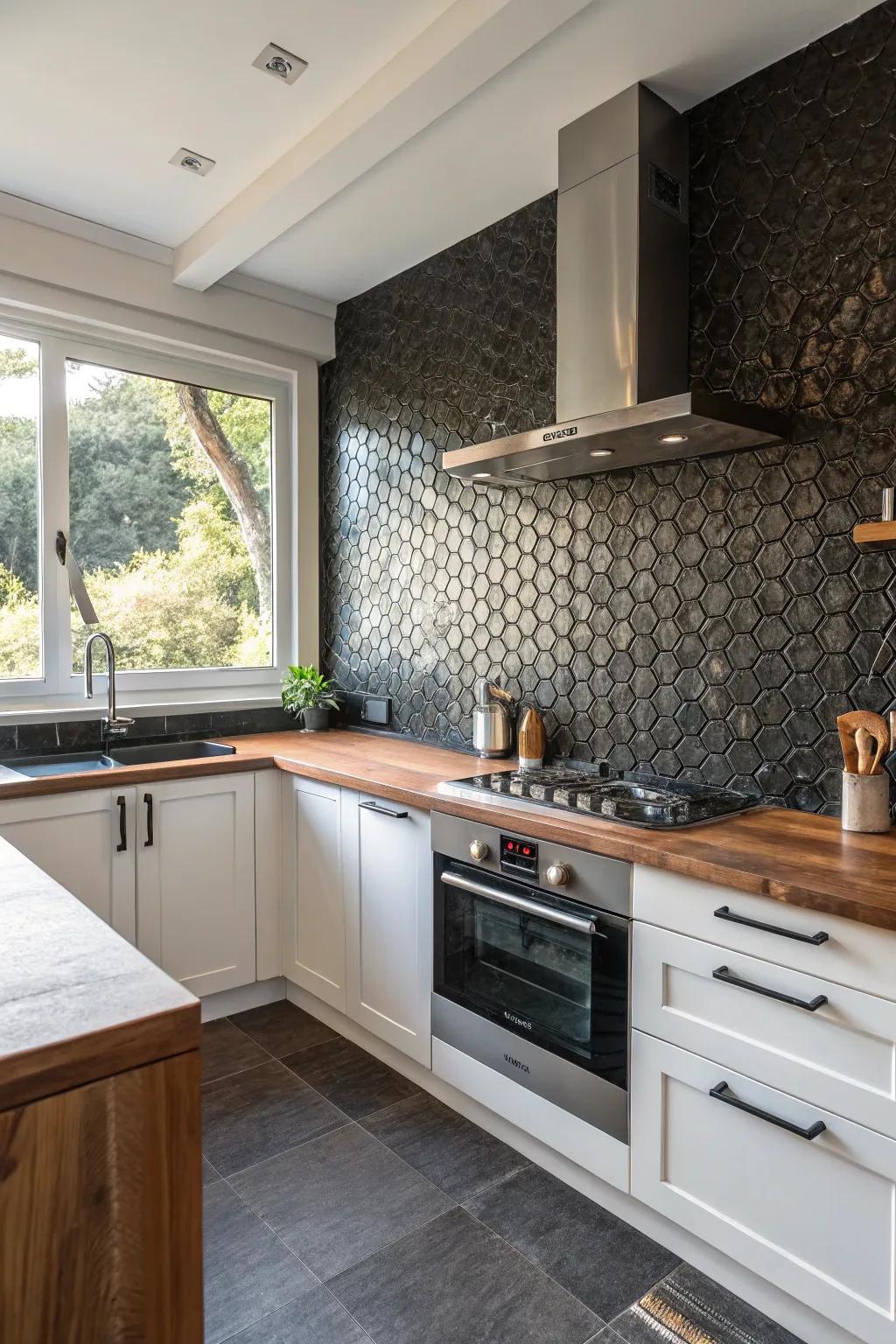 A kitchen presenting a layered deep tile backsplash for enhanced dimension and warmth.