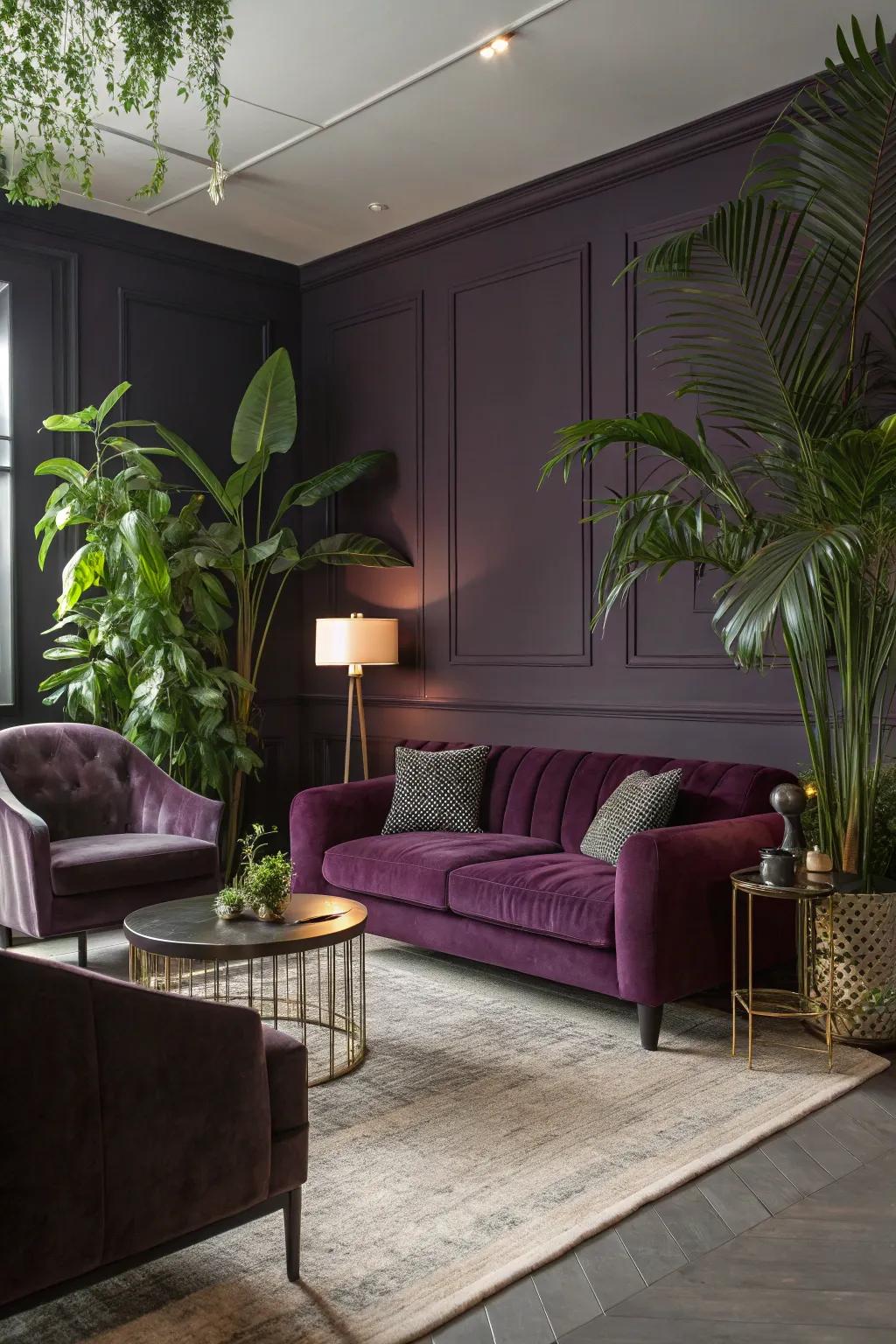 Lush verdant plants add a refreshing touch to this deep violet living space.