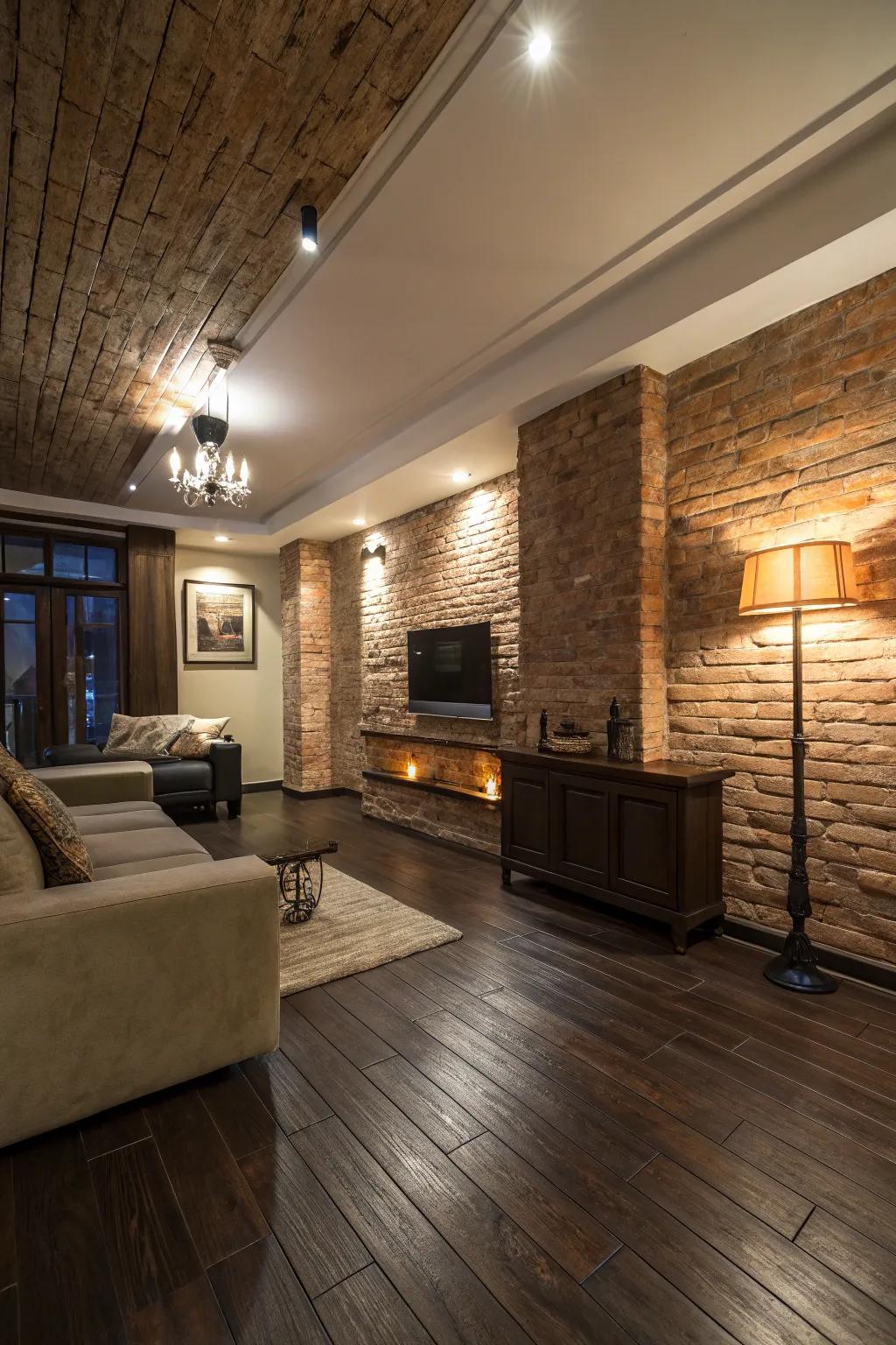 Textured walls contribute depth and interest to dark wood floors.