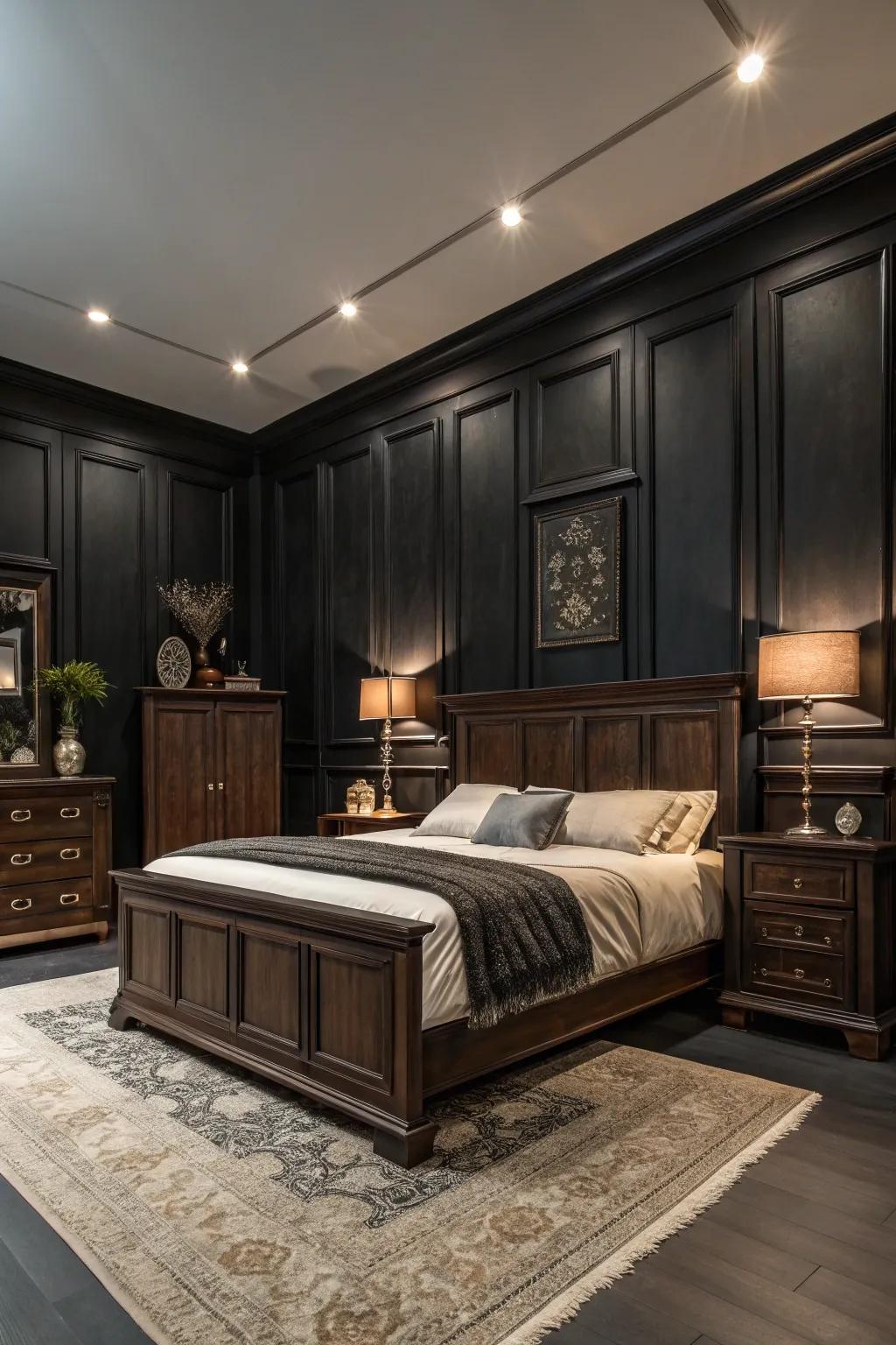 Black walls create a daring impression with deep-toned timber.