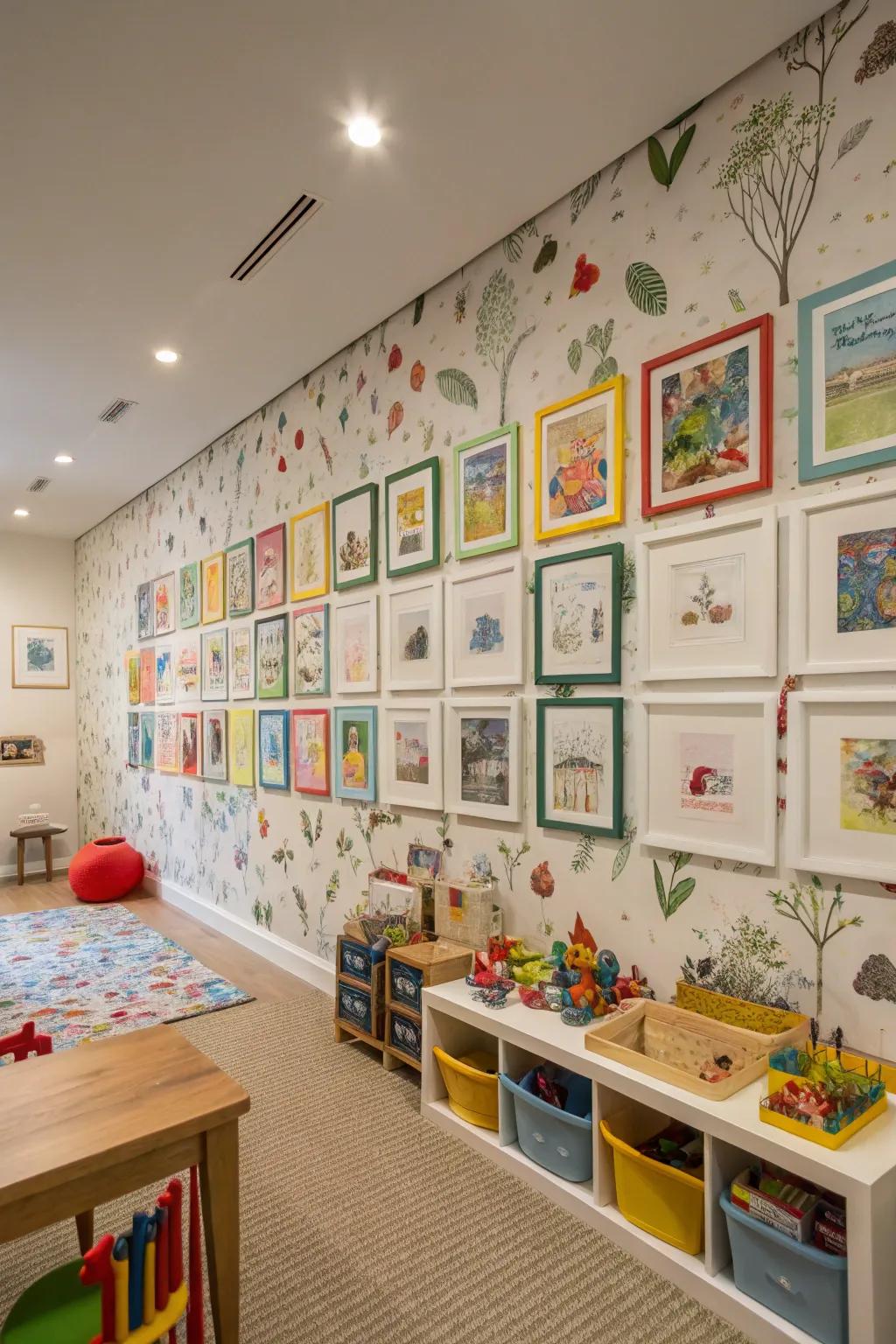 A daycare area motivating imagination with artistic-themed wallcovering.