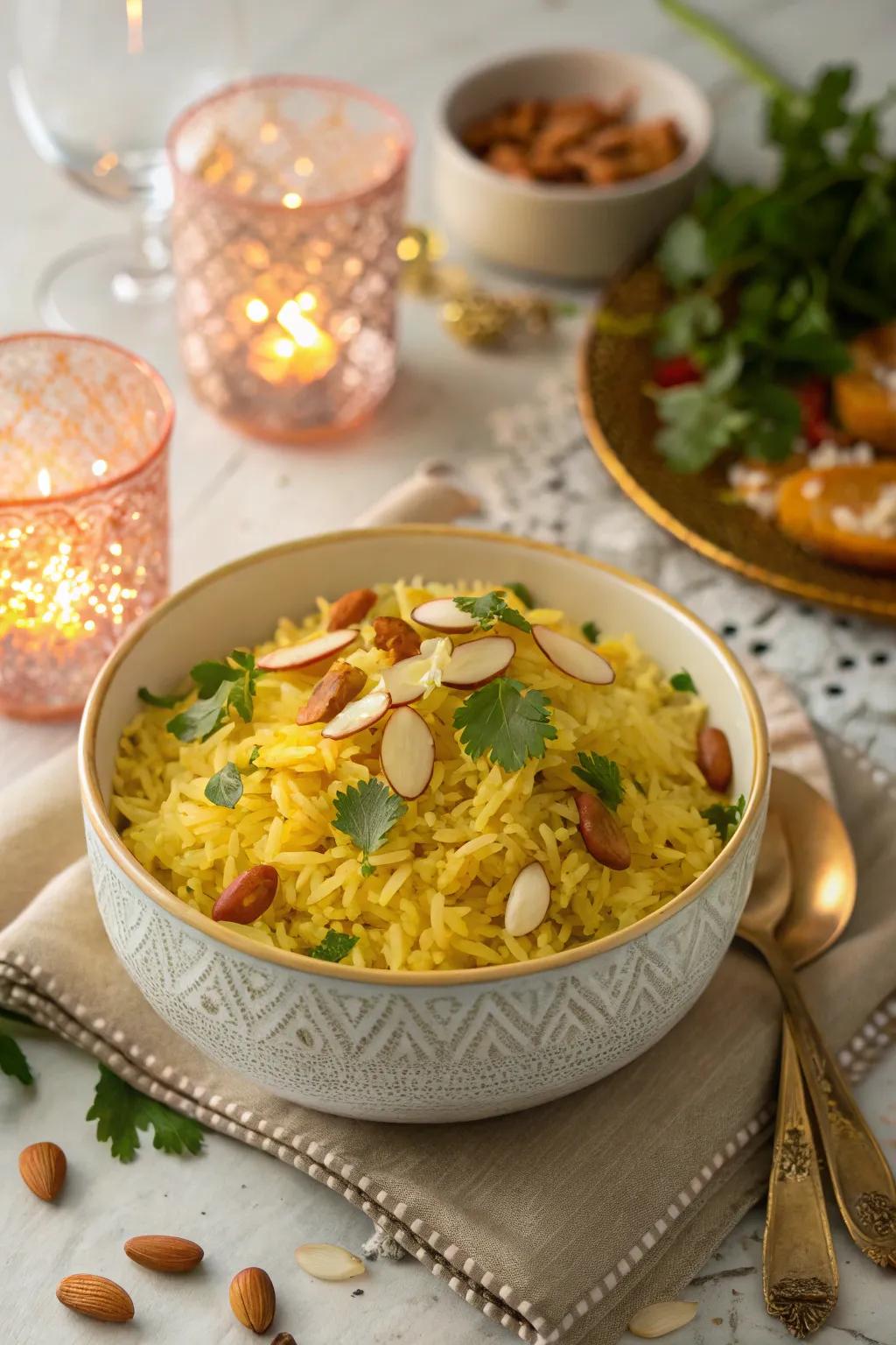 Saffron rice with nuts is a great aromatic side dish for December.