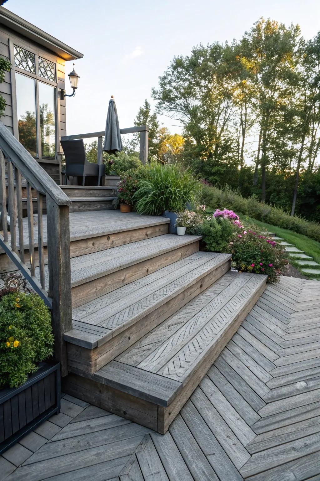 Patterned steps that add creative depth to the deck