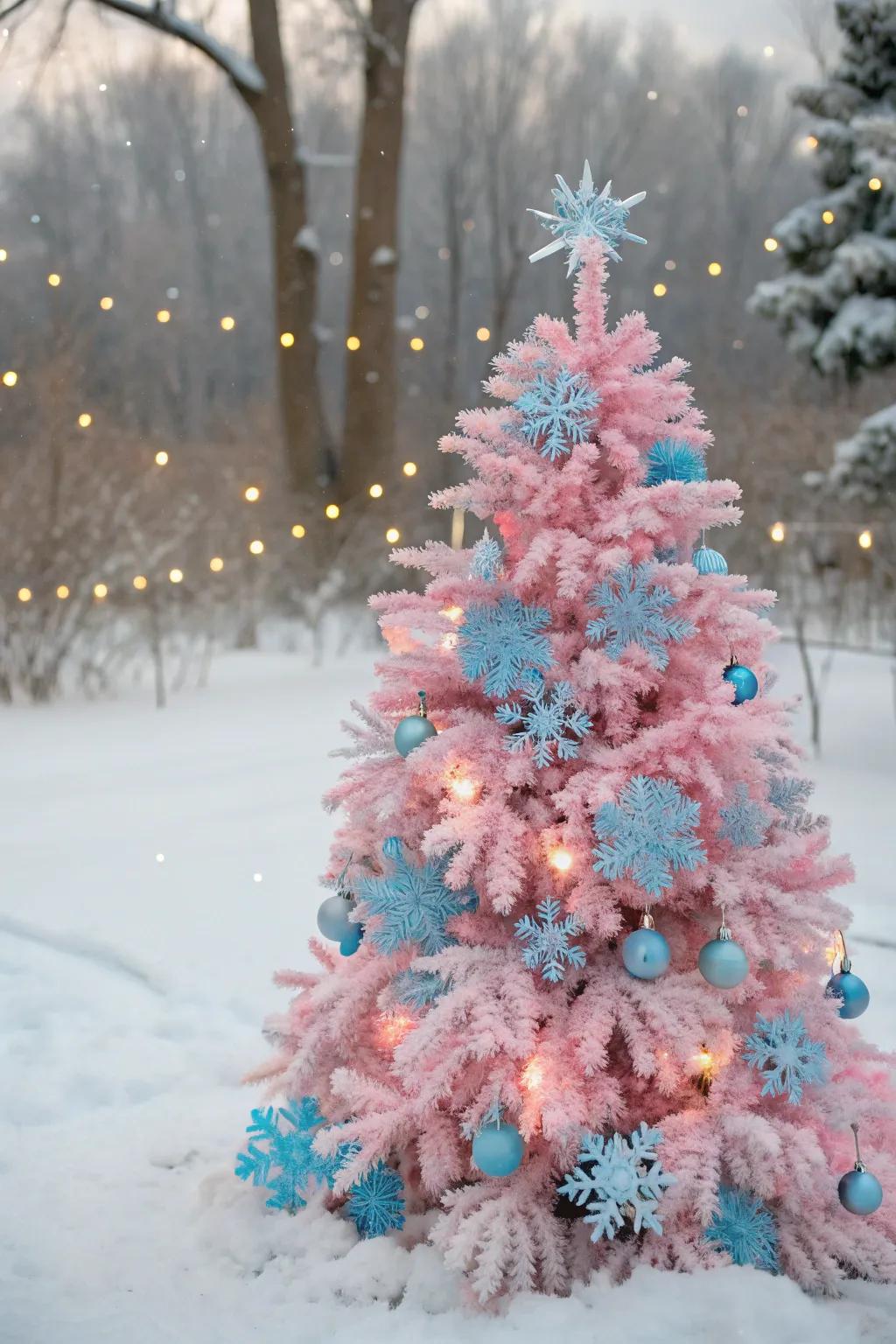 A wintery dream tree with snowflakes and frosty accents.