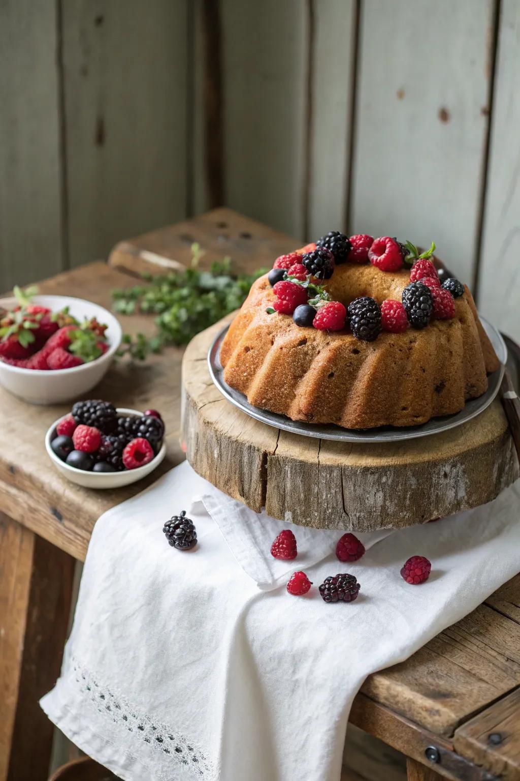 A bundt cake exquisitely topped with fresh berries.