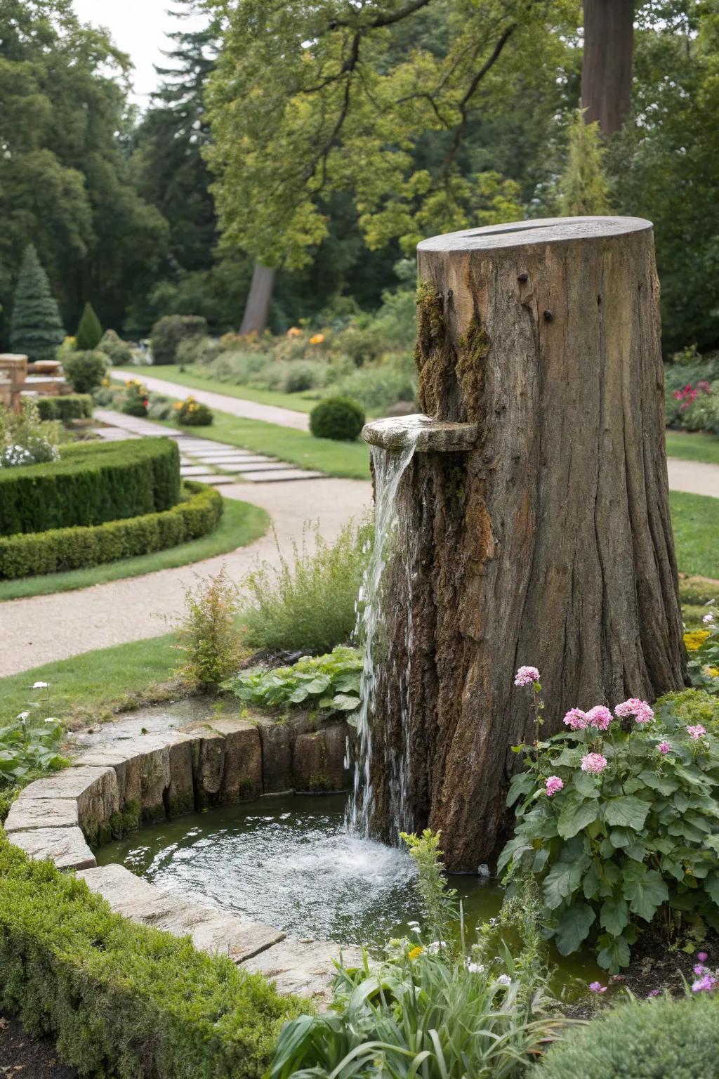 Enhance tranquility with a water feature on a tree stump.