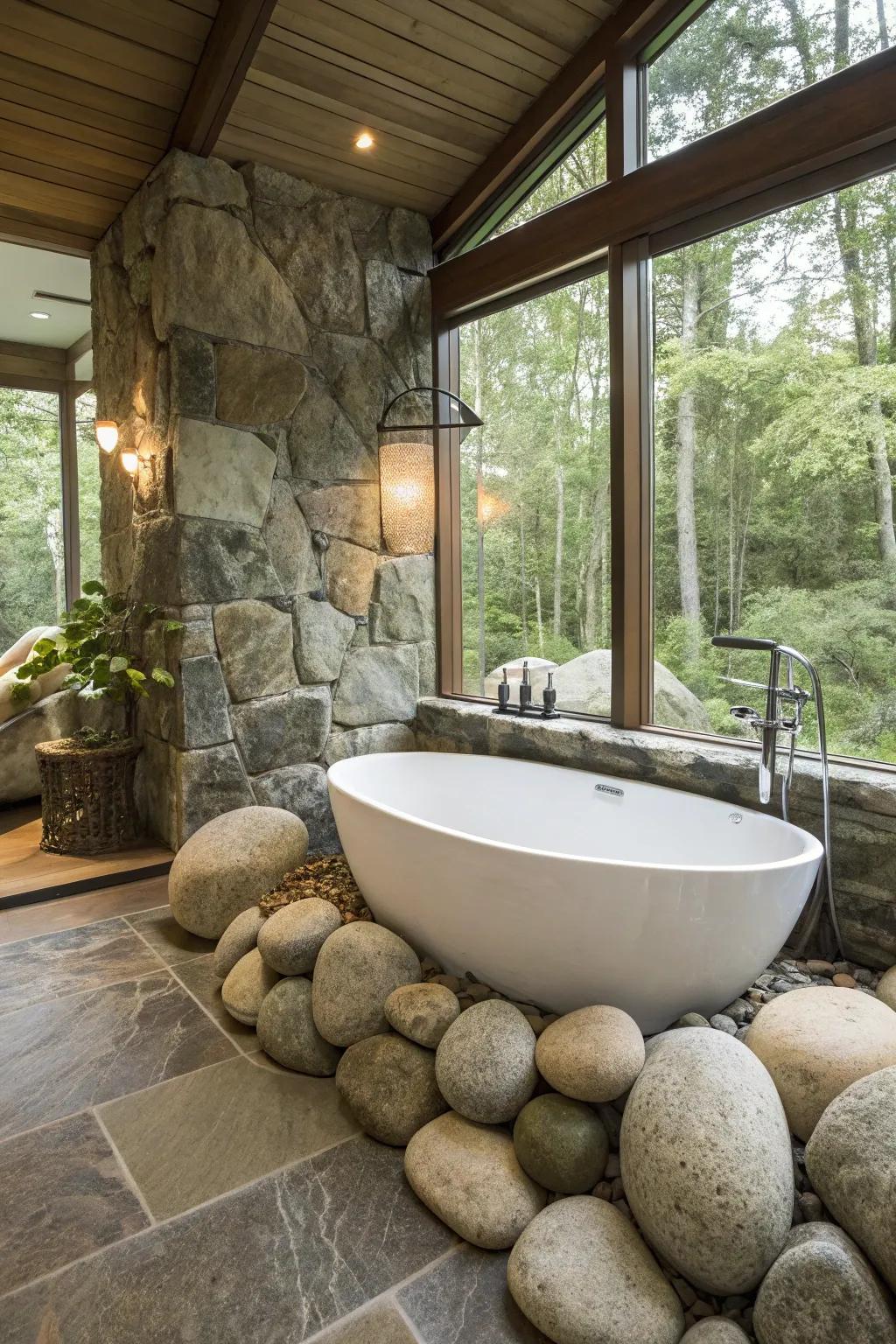 Bring the garden into your bathing area with sizable stones.
