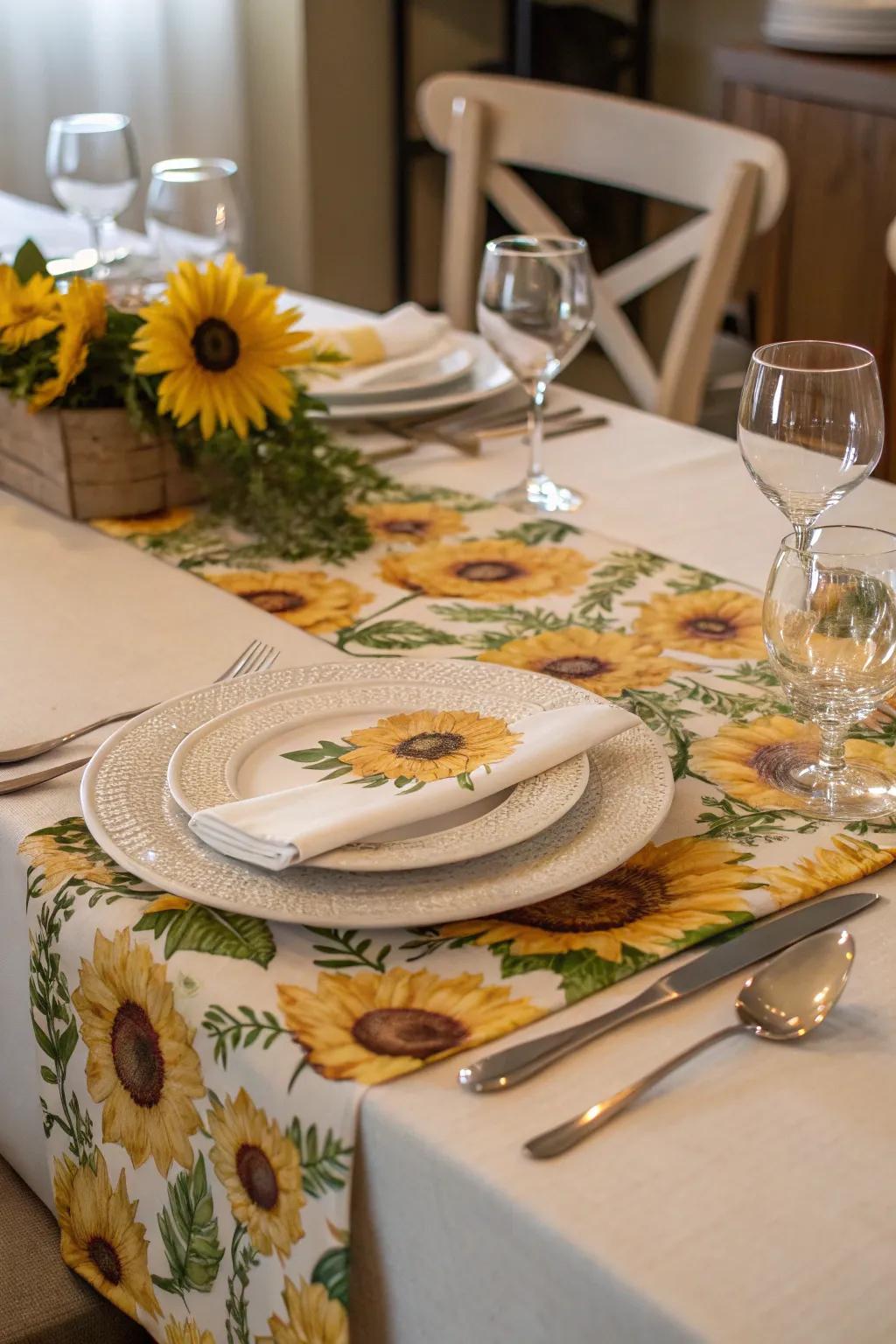 A table runner with sunflowers enhances refinement and style to your dining arrangement.