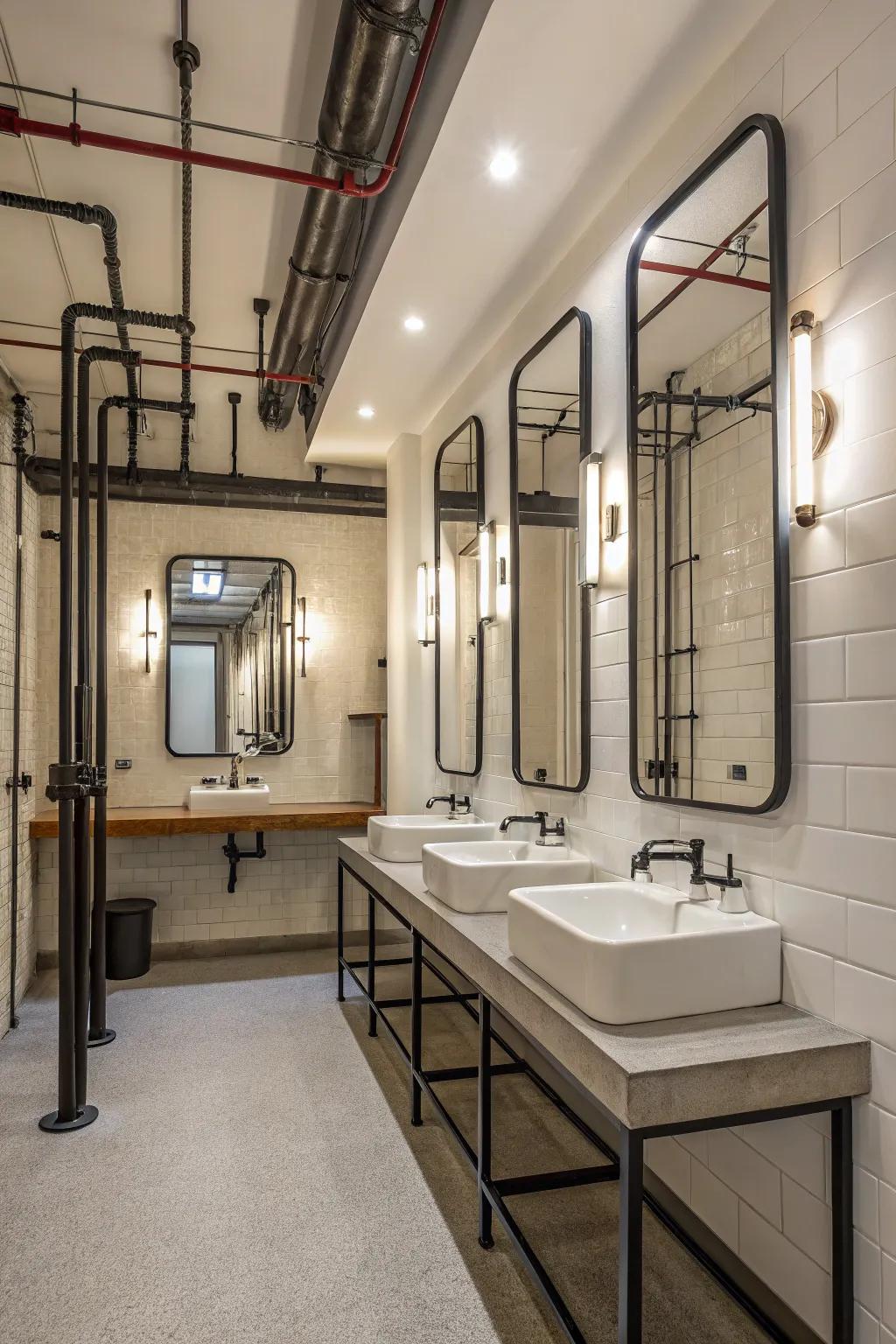 Mirrors reflect and conceal plumbing while expanding space.