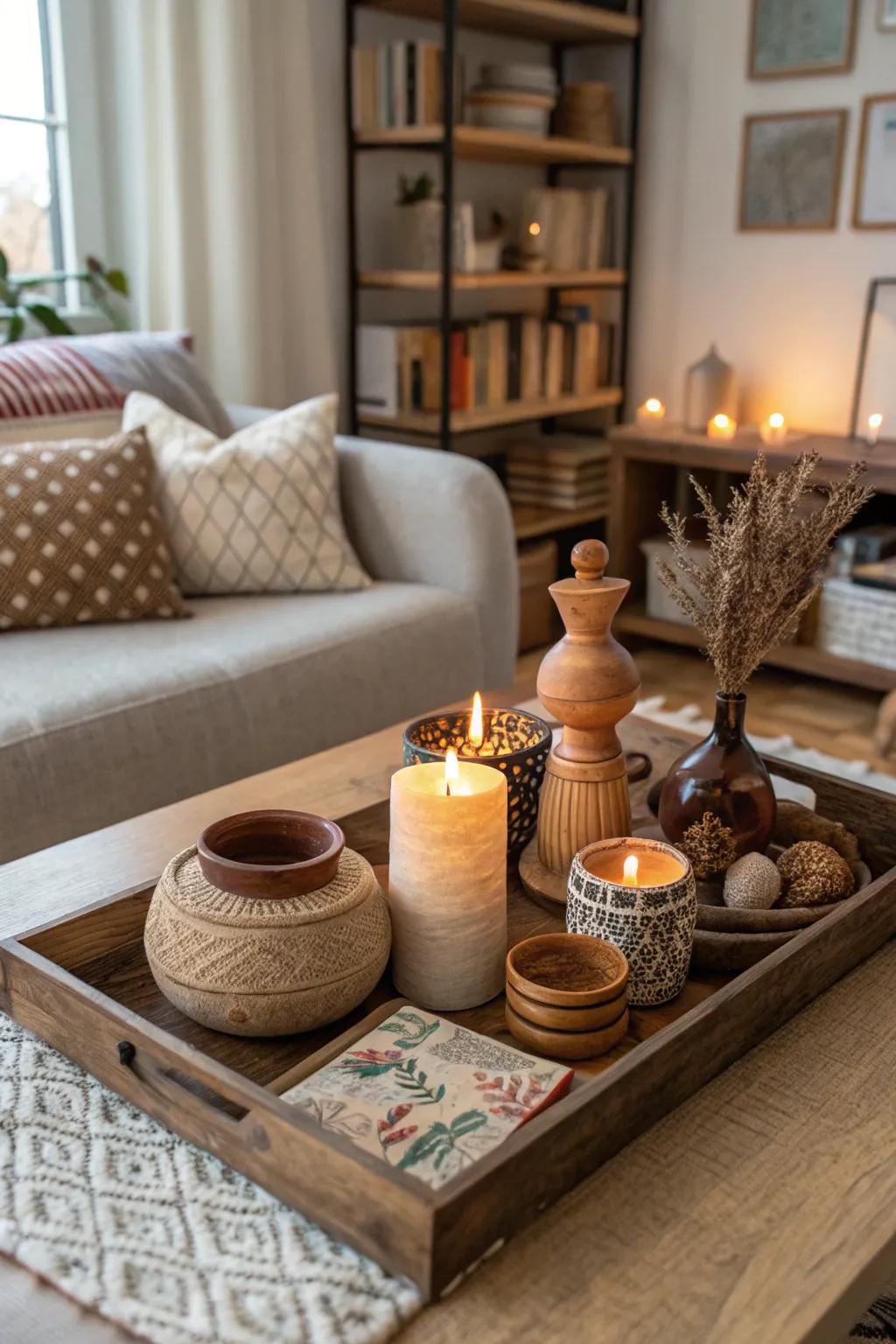 Artisan accents using skillfully fashioned objects upon a decorative serving board.