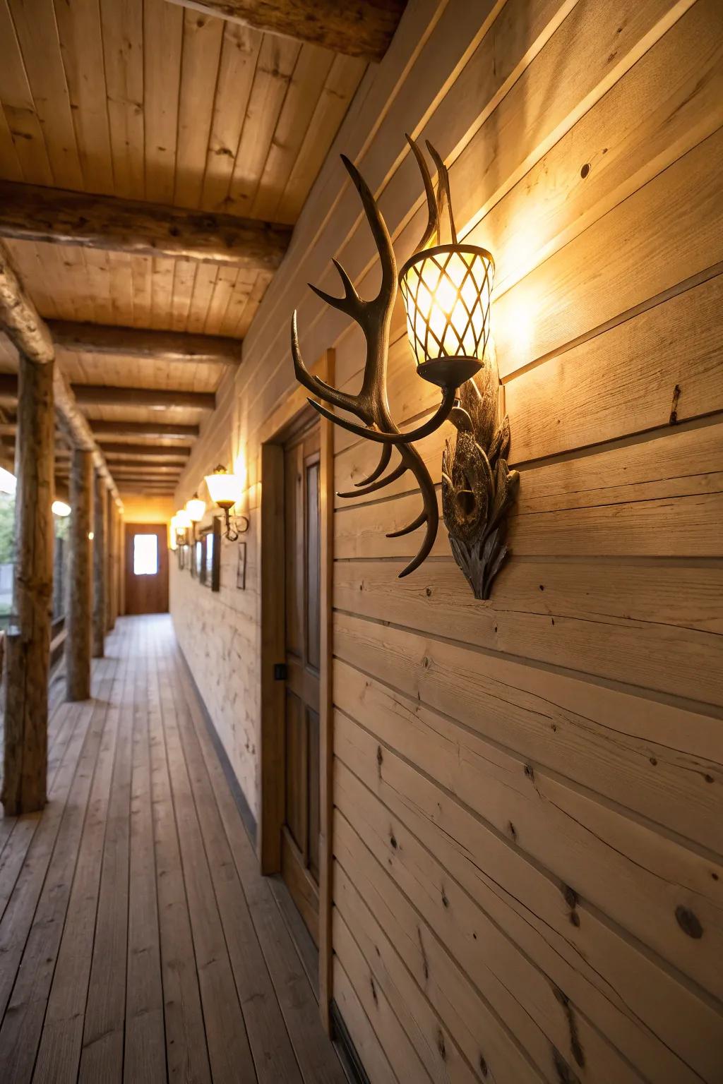 An antler wall fixture brightens a countryside hallway with distinct flair.