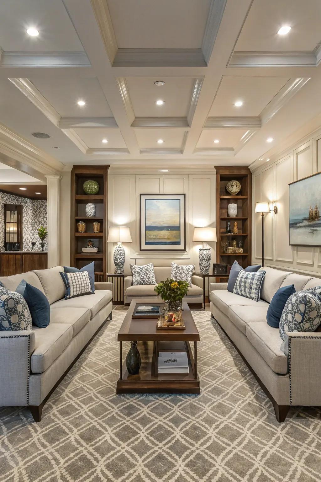 A den featuring a balanced layout for a harmonized design.