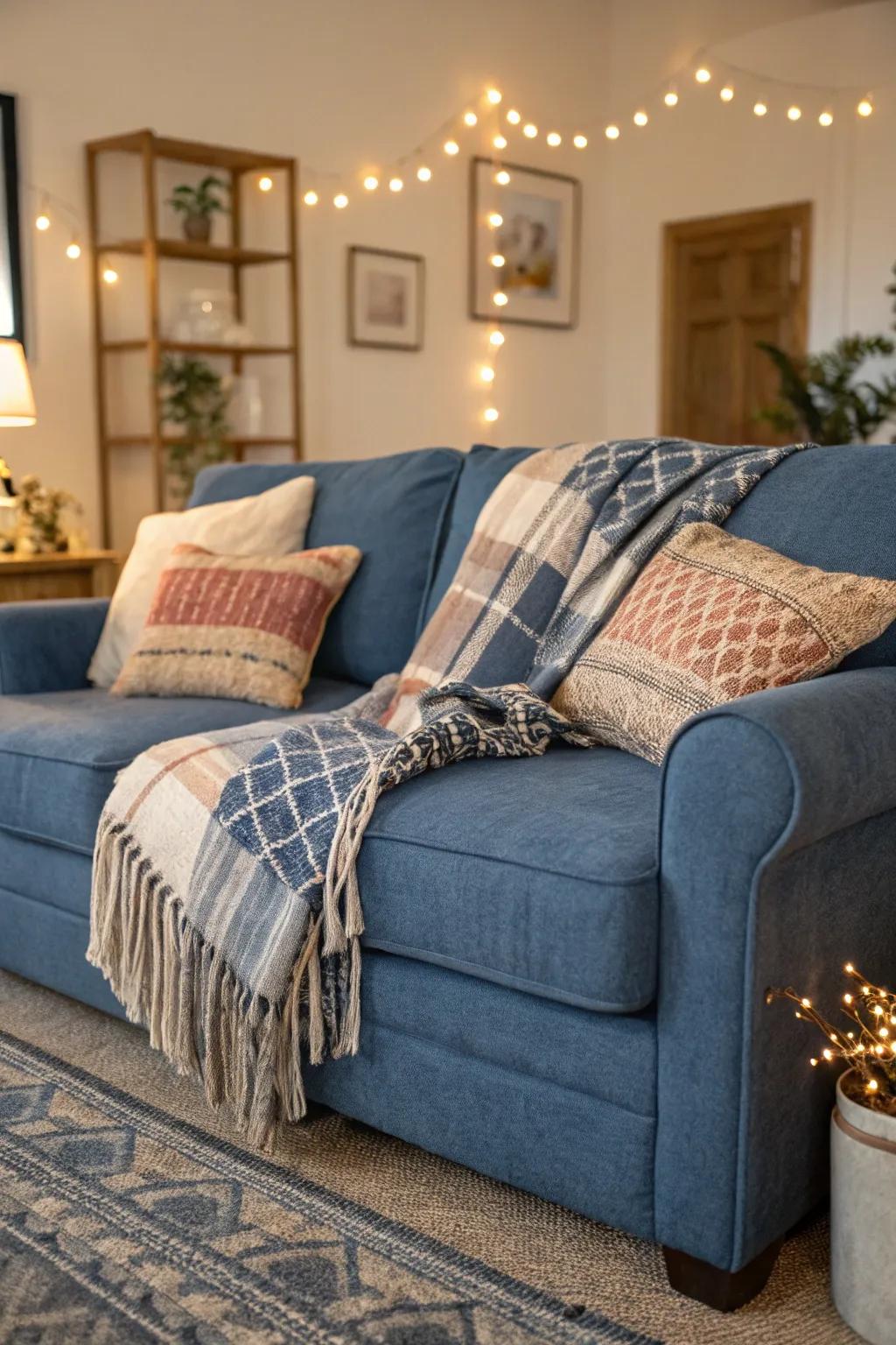Layering adds warmth and comfort to a cerulean settee.