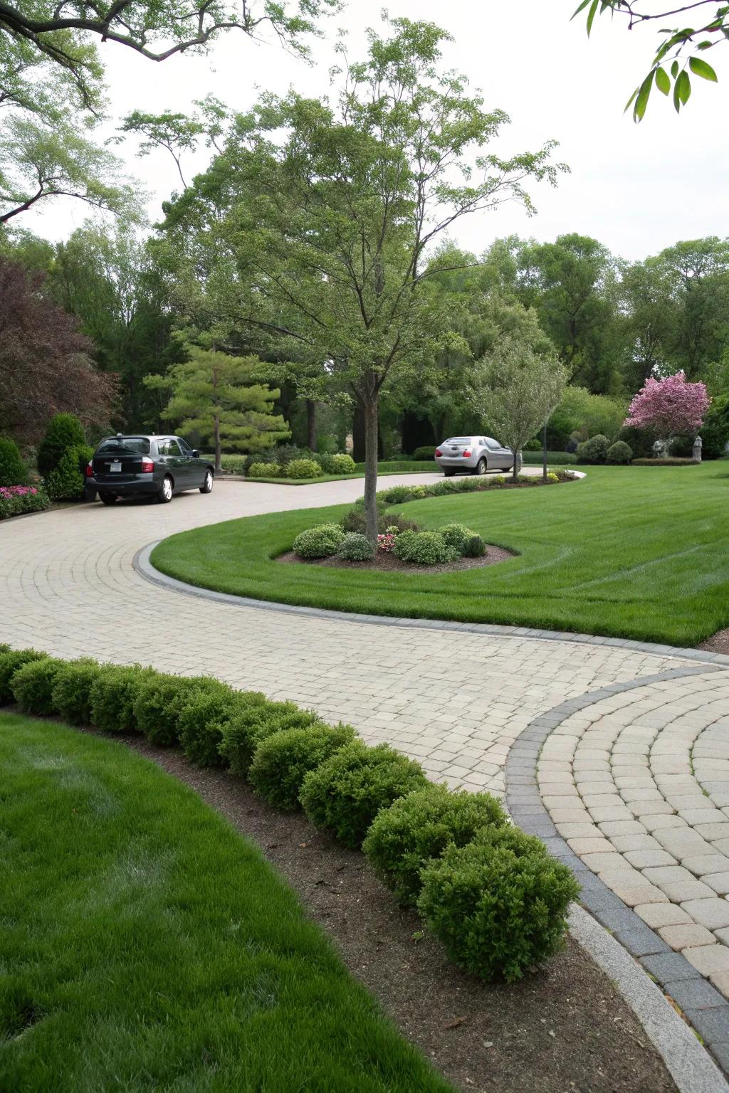 A green driveway that harmonizes with the environment, providing a fresh and natural attraction.