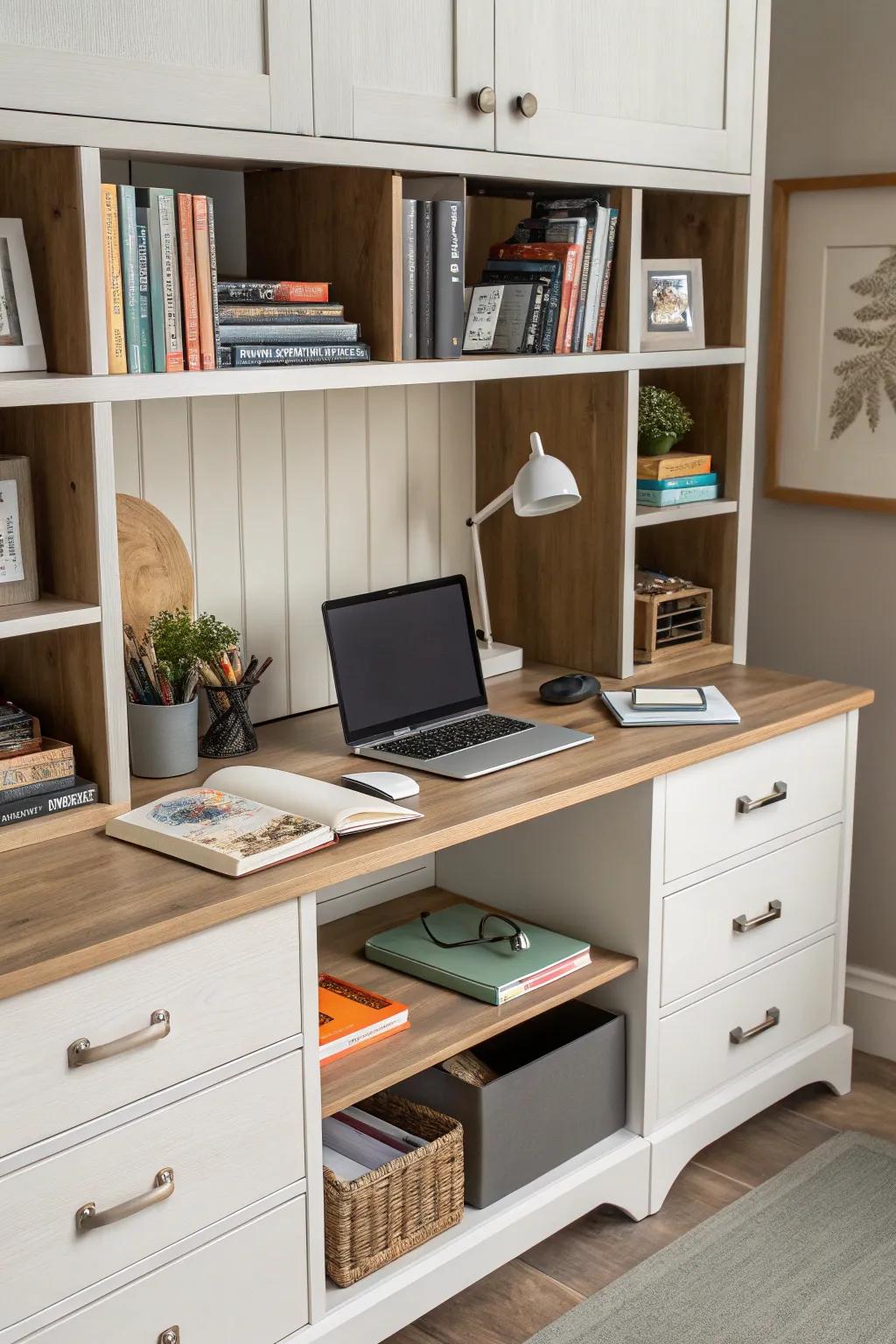 A desk with storage ensures an organized and tidy workspace.