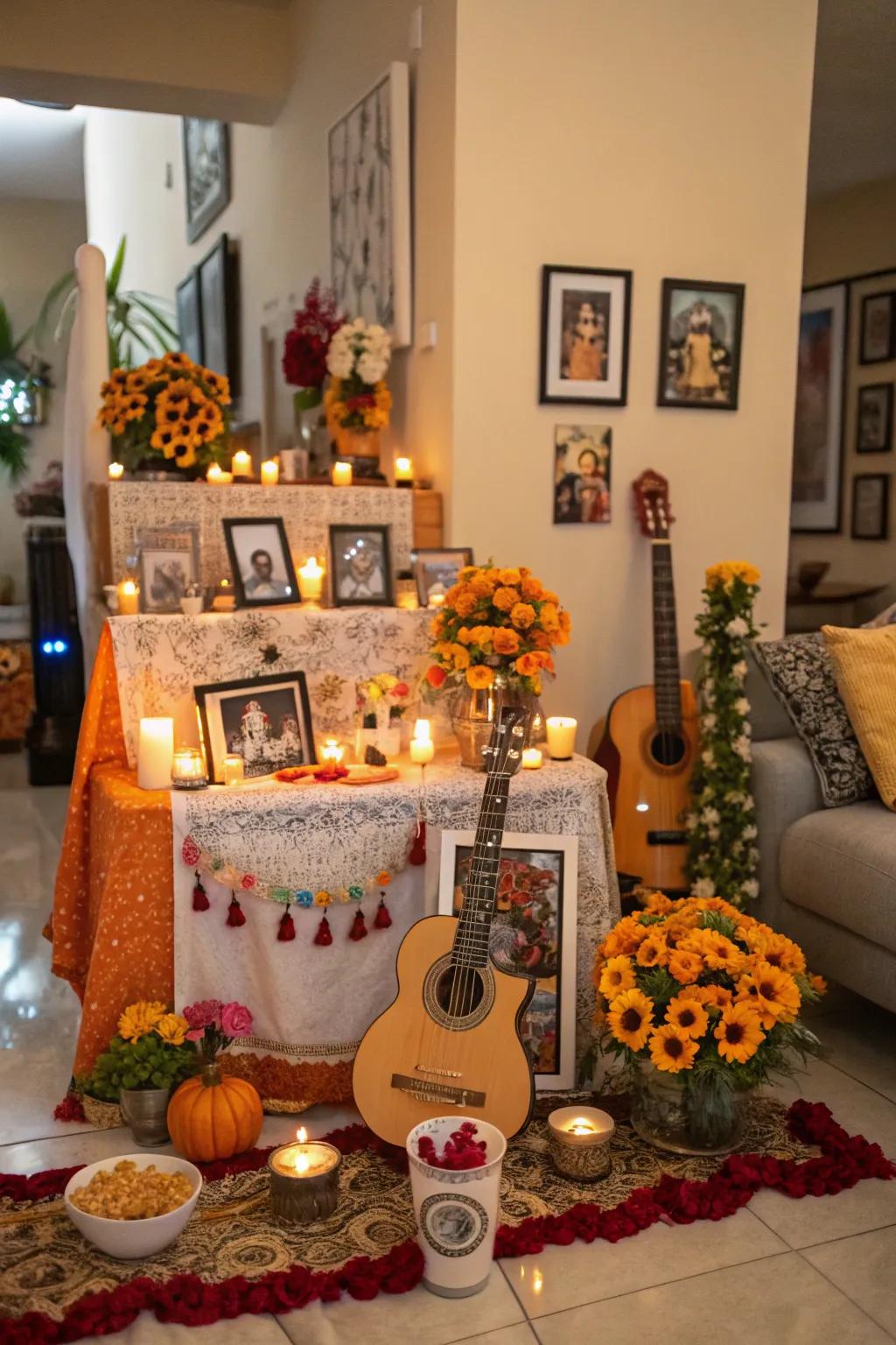 Musical elements bring the altar to life and honor loved ones.
