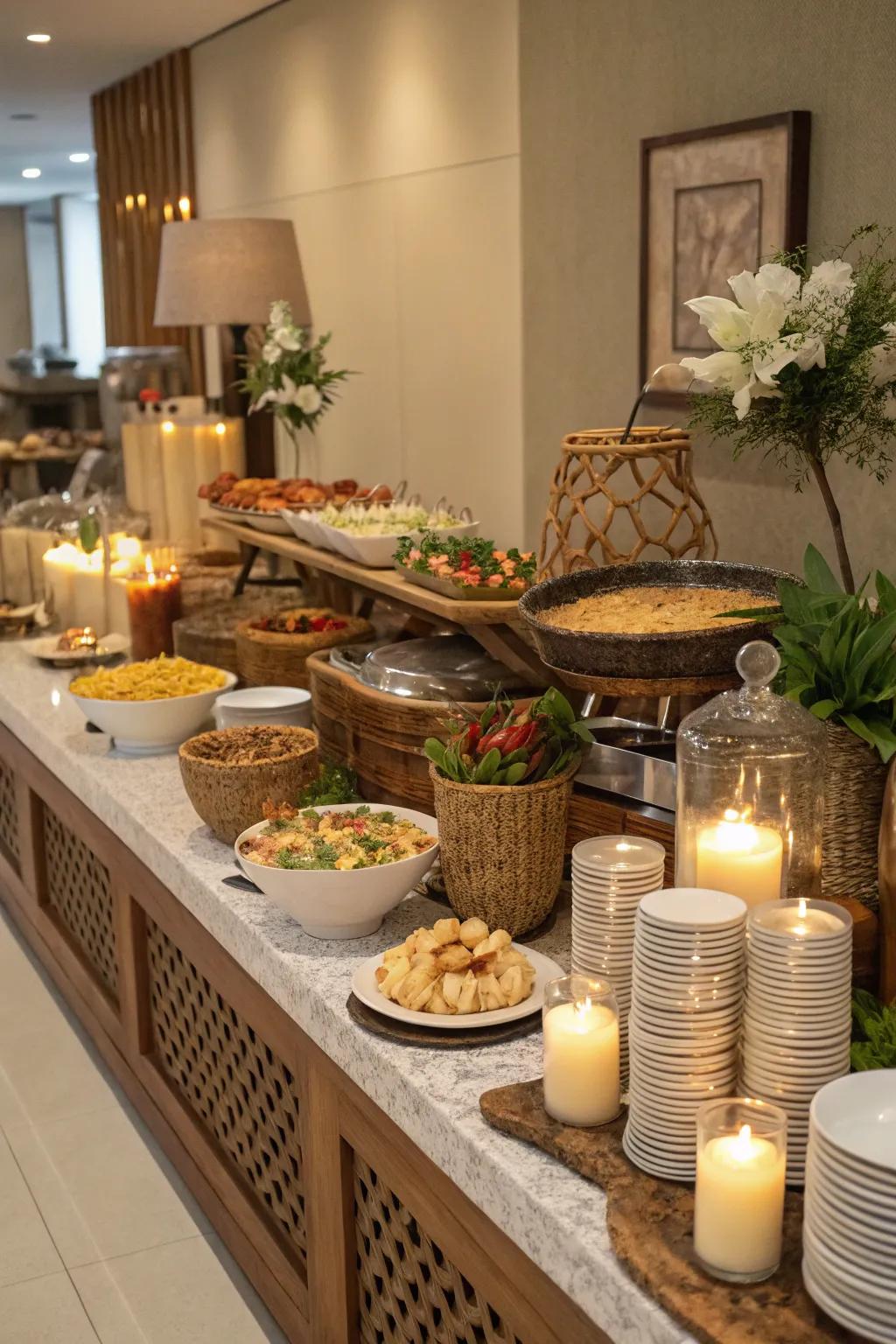 Playing with proportions adds a dynamic element to this buffet decor.