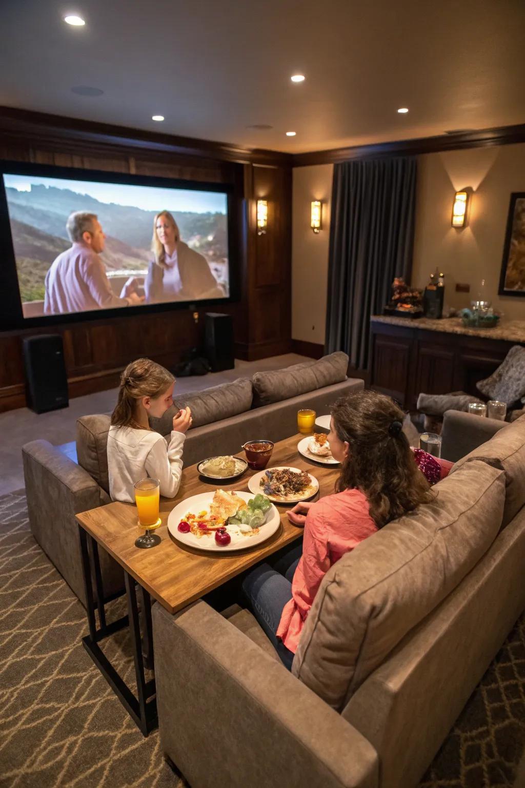 A home theater dining area offers a cinematic experience.