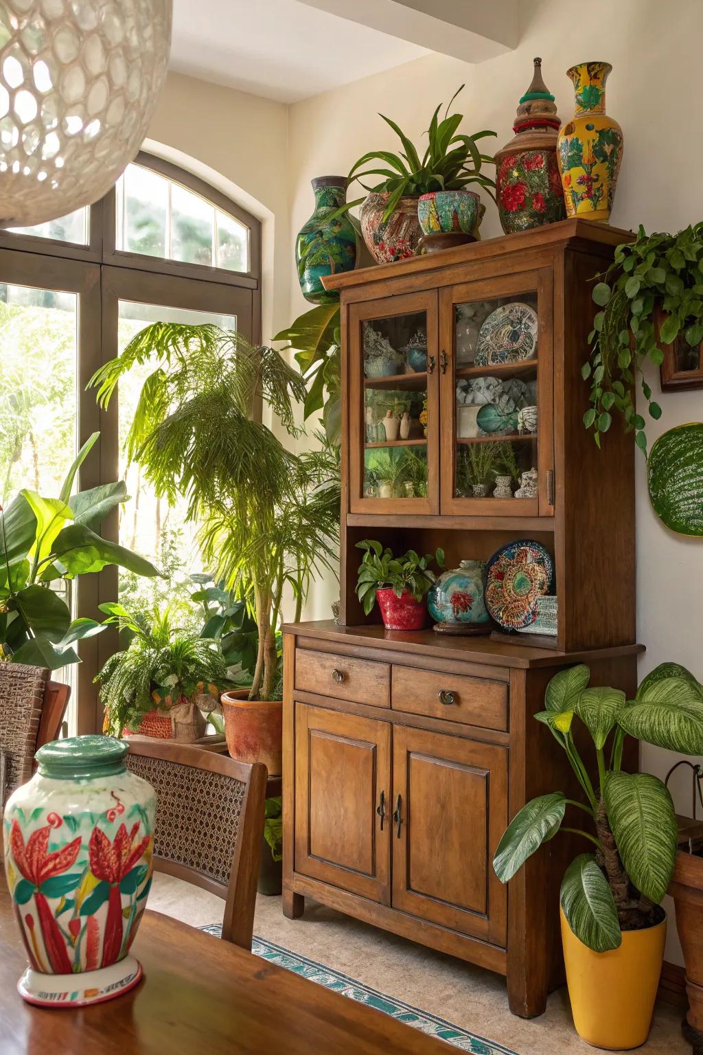 Ornamental elements and greenery add vibrancy and life to cabinets.