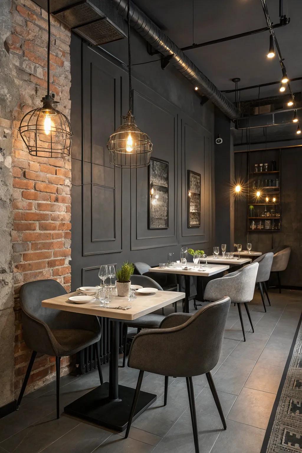 An intimate dining space is wrapped in the mystery of charcoal gray.