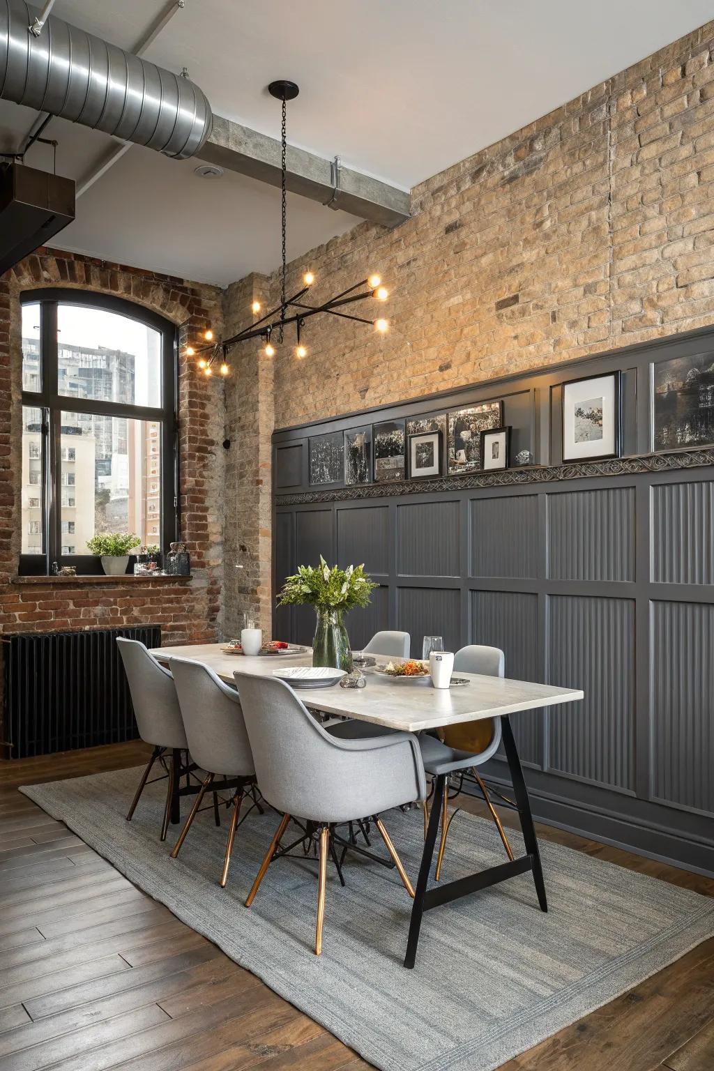 The stylish urban touch that industrial metal wainscoting adds to the dining room.