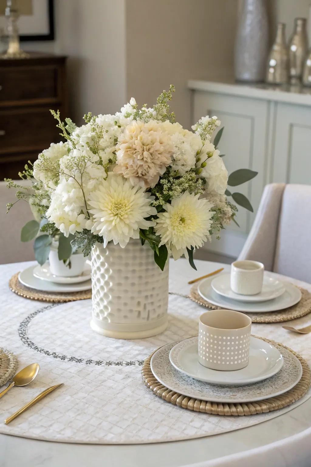 A monochromatic palette provides a sleek and harmonious dining table arrangement.