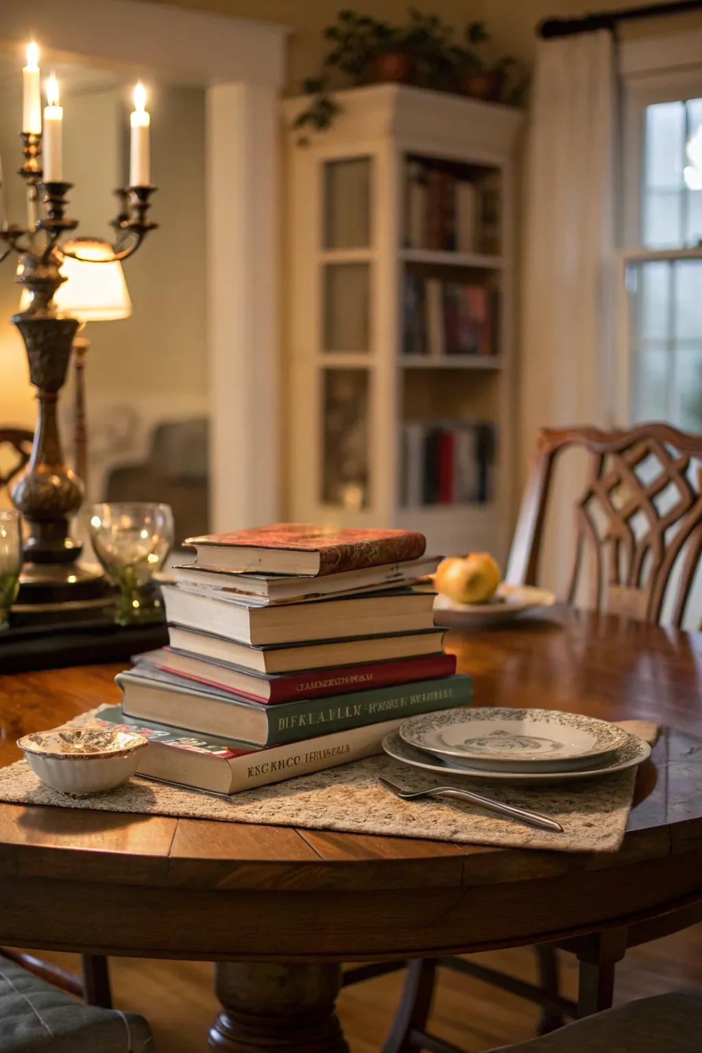A dining table enhanced with a stack of cherished books.