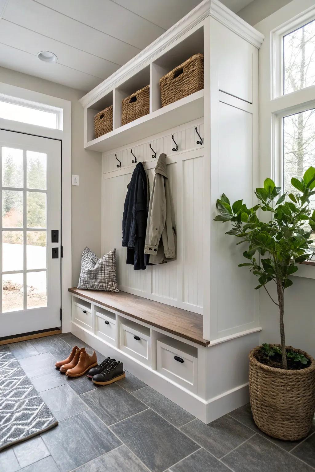 Bench storage combines seating with hidden functionality for garments.