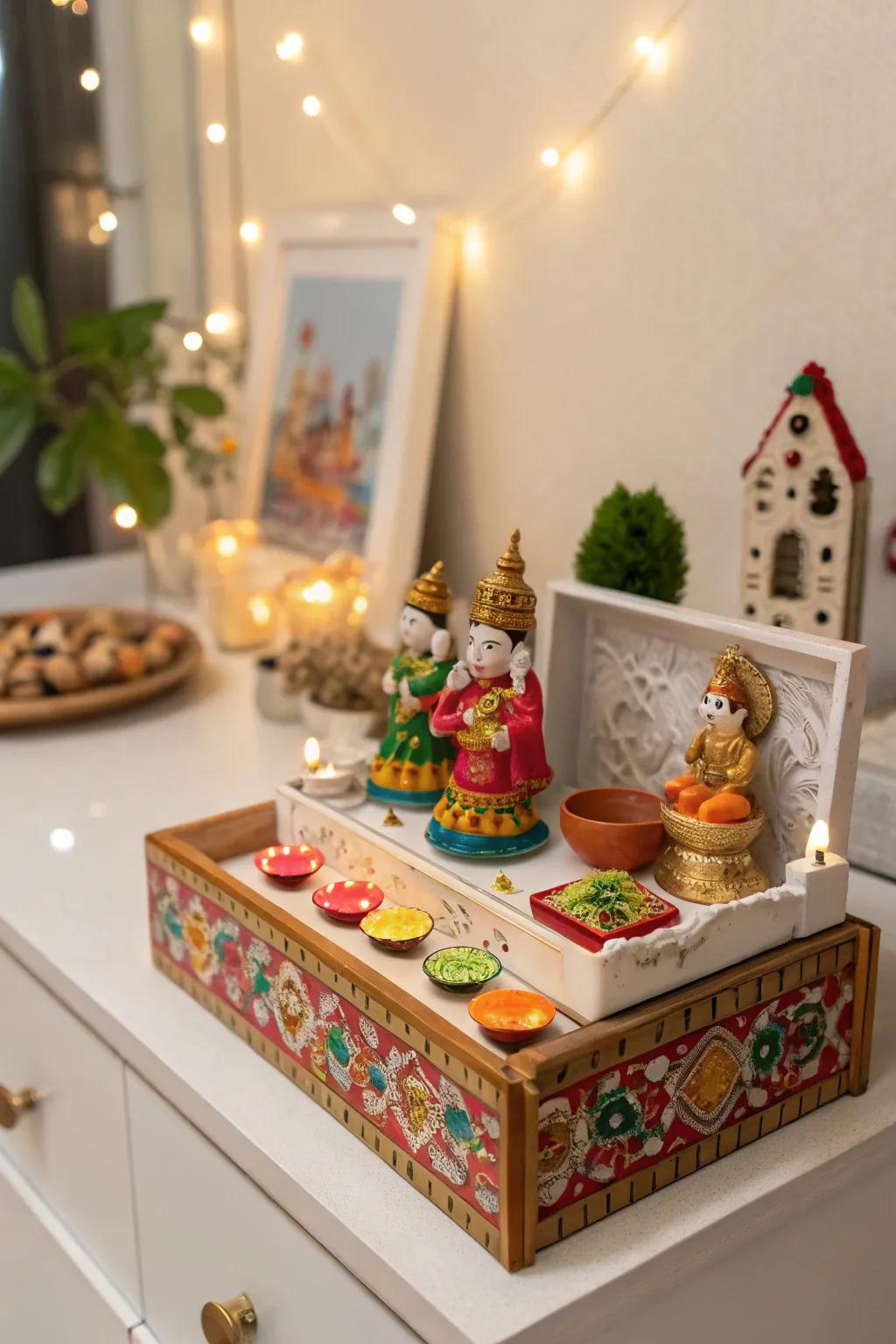 A compact Golu setup ideally suited for diminutive areas.