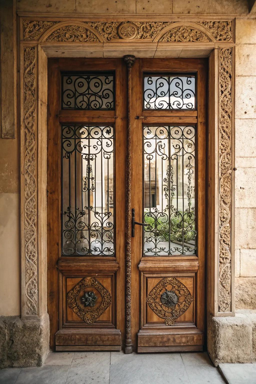 Ornamental grills bring charm and privacy to entryway windows.