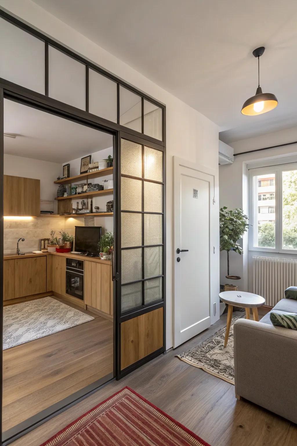 Hybrid doors offer adaptable partitioning in compact areas.